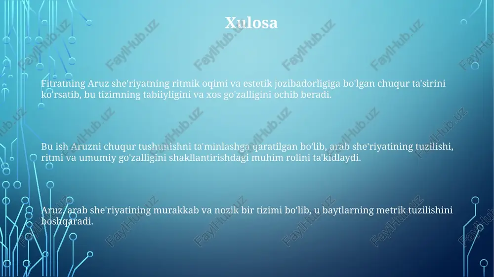 aruz" (tabiatning aruz)ni o'rganish, ritmik tuzilmalar va naqshlarni ta'kidlab. aruzning, arab she'riyatining asosiy elementi sifatida chuqur tahlili. e'tiboringiz uchun rahmat @taqdimot_robot image1.png image2.png image3.png image4.png image5.png