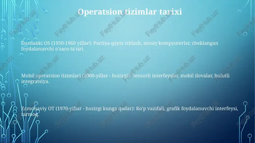 operatsion tizimlari: stol usti va noutbuk kompyuterlardagi apparat va dasturiy ta'minot resurslarini boshqaradi, misol uchun windows, macos va linux. ochiq manbali operatsion tizimlar kompyuter operatsion tizimlari apparat resurslarini boshqaradi va dasturiy ta'minot dasturlari uchun platforma yaratadi. mobil qurilma operatsion tizimlari smartfonlar, planshetlar va boshqa mobil qurilmalar uchun mo'ljallangan. ochiq kodli operatsion tizimlar foydalanish, o'zgartirish va tarqatish uchun bepul mavjud. mobil operatsion tizimlari kompyuter operatsion tizimlari kompyuterning apparat va dasturiy ta'minot resurslarini boshqaruvchi dasturiy ta'minotdir. mobil qurilma operatsion tizimlari (moq) mobil qurilmalar uchun maxsus ishlab chiqilgan operatsion tizimlar bo'lib, odatda teginish ekranli interfeyslar va mobil qurilmalarga moslashtirilgan ilovalarni o'z ichiga oladi. mobil operatsion tizimlari smartfon va planshet kabi mobil qurilmalarning ishlashini boshqaradigan dasturiy ta'minotdir. operatsion tizimi nima? mobil operatsion tizimlarga misol qilib android va ios ni keltirish mumkin. operatsion tizimi (ot) kompyuterning apparat va resurslarini boshqaruvchi dasturdir. kompyuter operatsion tizimlarining misollariga windows, macos va linux kiradi. xotira boshqaruvi xotira boshqaruvi kompyuter …