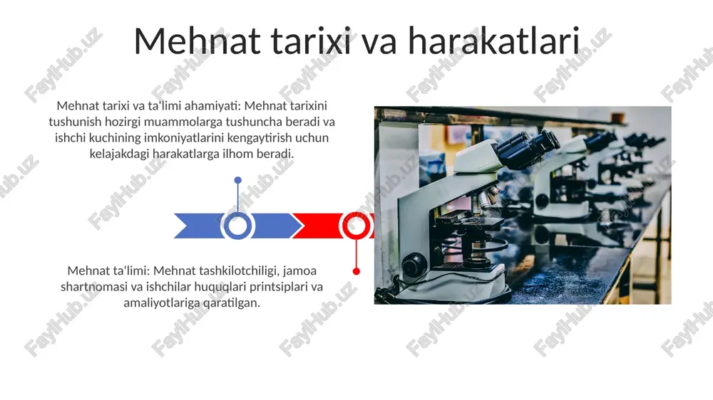 chilarni ish joyidagi xavflardan himoya qilishga qaratilgan. ikkala soha ham xavfsizroq va adolatliroq ish muhitini yaratish uchun birgalikda ishlaydi. mehnat ta'limi tarixiy evolyutsiyasi erta mehnat ta'limi amaliy ko'nikmalarga va kasaba uyushmalarini tashkil etishga qaratilgan edi. 20-asrning o'rtalarida ijtimoiy va siyosiy masalalarni qamrab olish kengaydi. mehnat ta'limi amaliyoti: misollar birlik kuchini mustahkamlash: mehnat ta'limi rahbarlikni rivojlantirish va tashkilotchilik bo'yicha o'qitish orqali jamoaviy harakatlarni rivojlantirish va kasaba uyushmalarini mustahkamlashga yordam beradi. ishchilarni kuchlantirish: mehnat ta'limi ishchilarni yaxshiroq ish sharoitlari va ish haqi uchun kurashish uchun zarur bo'lgan bilim va ko'nikmalar bilan ta'minlaydi. mehnat ta'limi kelajagi avtomatlashtirish va sun'iy intellekt mehnat bozorini qayta shakllantiradi, yangi ko'nikmalar va o'qitishni talab qiladi. mehnat ta'limi muassasalari tegishli, qulay va moslashuvchan o'quv dasturlarini taklif qilishi kerak. e'tiboringiz uchun rahmat @taqdimot_robot image4.jpg image5.jpg image6.jpg image7.jpg image8.jpg image9.jpg image10.jpg image11.jpg image12.jpg image13.jpg image14.jpg image15.jpg image16.jpg image17.jpg image3.png image18.jpg image19.jpg image20.jpg image1.jpeg image2.jpeg