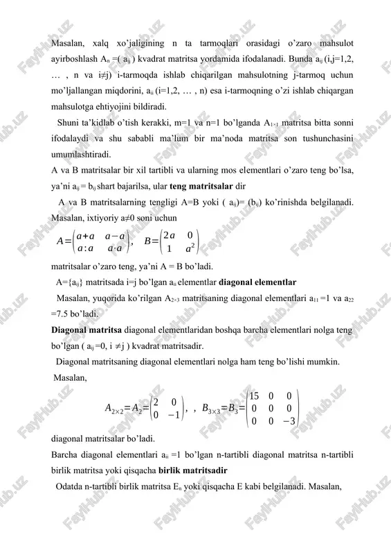 unishi bevosita ularning ta’riflaridan kelib chiqadi: i. a+b=b+a (qo’shish uchun kommutativlik qonuni); ii. a+(v+s) = (a+v)+s (qo’shish uchun assotsiativlik qonuni); iii. (a+v) = a + v , ( + )a = a + a (distrubutivlik qonuni) bundan tashqari yuqoridagi ta’riflar orqali bu amallar ushbu xossalarga ham ega bo’lishini ko’rsatish qiyin emas: a + o = a , a+a =2a, 0 a = o , o = o. bir xil tartibli am×n =(aij) va bm×n =(bij) matritsalar ayirmasi deb am×n va (–1) bm×n matritsalarning yig’indisiga, ya’ni am×n+(–1)bm×n matritsaga aytiladi. bunda a va b matritsalarning ayirmasi a–b ko’rinishda belgilanadi va ularning mos elementlarini o’zaro ayirish orqali hisoblanadi. masalan, matritsalar uchun . am×r=(aij) va vp×n=(bij) matritsalarning ko’paytmasi deb shunday sm×n=(cij) matritsaga aytiladiki, uning cij elementlari ushbu yig’indilar kabi aniqlanadi. shunday qilib, am×r=(aij) va vq×n=(bij) matritsalar uchun p=q, ya’ni a matritsaning ustunlari soni b matritsaning satrlari soniga teng bo’lgandagina ularning ko’paytmasi mavjud bo’ladi va …
