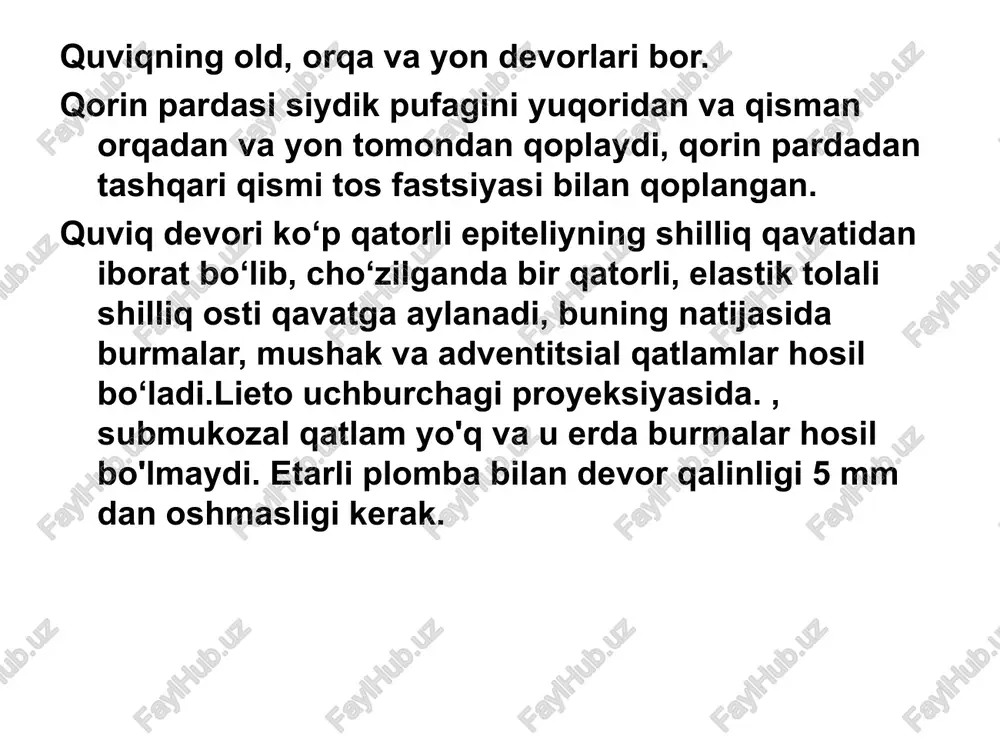 o'ldiradi va ayollarda u sistosel (quviq prolapsasi) belgilarini taqlid qilib, siydik yo'llari orqali tushishi mumkin. quviqning neoplastik bo'lmagan kasalliklari quviqdagi toshlar quviqning yallig'lanish kasalliklari quviq jarohatlari quviq psevdodivertikullari quviqdagi toshlar quviqdagi toshlar siydik pufagidan siydik chiqishining buzilishi fonida paydo bo'ladi, ammo siydik chiqishi buzilmasa, buyraklardagi toshlar siydik pufagi orqali tranzitda o'tadi. chiqib ketish buzilishining asosiy sabablari: adenoma, saraton, prostata sklerozi, uretraning strikturasi insult, orqa miya shikastlanishi natijasida neyrogen siydik pufagi quviq divertikullari quviqda begona jismlarning mavjudligi (inley) quviqning yallig'lanish kasalliklari sistitning ultratovush rasmi ko'pincha o'zgarmaydi. quviqning o'tkir yallig'lanishining belgisi 5 mm dan ortiq to'lganida uning devorlarining qalinlashishi va nisbatan kichik hajmdagi siyish istagi bo'lishi mumkin. sistitning mavjudligi siydik pufagida nozik ekojenik suspenziya, fibrin iplari va fundus proektsiyasida giperekoik cho'kma bilan ko'rsatilishi mumkin. quviq jarohatlari quviq yorilishi to'liq bo'lmagan yoki to'liq bo'lishi mumkin, ular ekstraperitoneal va intraperitonealga bo'linadi. to'liq bo'lmagan yorilishlar bilan submukozal yoki intramural gematomalar hosil bo'lib, organ shaklini deformatsiya …