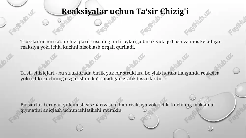 i bo'ladi. trusslar uchun ta'sir chiziqlarini qurish uchun truss bo'ylab turli xil joylarga birlik yukini qo'llang va maqsad nuqtasida kerakli javobni hisoblang. kesish kuchi uchun ta'sir chizig'i qiziqish nuqtasidagi natijaviy kesish kuchlari keyinchalik birlik yukining pozitsiyasiga nisbatan chizilgan holda, ta'sir chizig'ini yaratadi. trusslardagi qirqish kuchlarini ta'sir chiziqlari, trussning ma'lum bir nuqtasidagi qirqish kuchining o'zgarishini ko'rsatib, birlik yuk tuzilma bo'ylab harakatlanadi. trusslar orqali qo'llaniladigan yuklar uchun ta'sir chiziqlarini yaratish uchun, truss birinchi navbatda tuzilma bo'yicha turli xil pozitsiyalarda birlik yuk uchun tahlil qilinadi. truss a'zolarining ta'sir chiziqlari ta'sir chizig'i a'zoning ichki kuchining maksimal va minimal qiymatlarini ko'rsatadi, bu a'zoni kutilgan yuklarga chidash uchun loyihalashda muhim ahamiyatga ega. truss a'zolaridagi ta'sir chiziqlari - bu birlik yuk truss bo'ylab harakatlanganda truss a'zosidagi ichki kuchning o'zgarishini ko'rsatuvchi grafik tasvirlar. tugunlar orqali qo'llaniladigan yuklar uchun ta'sir chiziqlarini qurish, truss bo'ylab turli nuqtalarga birlik yukini qo'llash va tegishli a'zoning ichki kuchini aniqlashni o'z ichiga oladi. bükme …