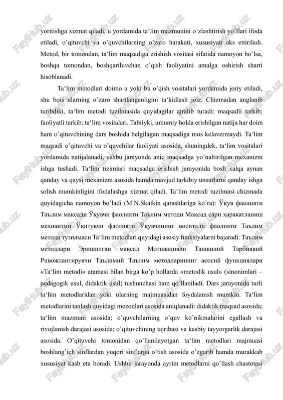 da «metodik usul» (sinonimlari – pedagogik usul, didaktik usul) tushunchasi ham qo’llaniladi. dars jarayonida turli ta‘lim metodlaridan yoki ularning majmuasidan foydalanish mumkin. ta‘lim metodlarini tanlash quyidagi mezonlari asosida aniqlanadi: didaktik maqsad asosida; ta‘lim mazmuni asosida; o’quvchilarning o’quv ko’nikmalarini egallash va rivojlanish darajasi asosida; o’qituvchining tajribasi va kasbiy tayyorgarlik darajasi asosida. o’qituvchi tomonidan qo’llanilayotgan ta‘lim metodlari majmuasi boshlang’ich sinflardan yuqori sinflarga o’tish asosida o’zgarib hamda murakkab xususiyat kasb eta boradi. ushbu jarayonda ayrim metodlarni qo’llash chastotasi oshsa, ayrim metodlarni qo’llashga bo’lgan ehtiyoj kamayadi. ta‘lim metodlaridan foydalanish ko’lami, holati o’qituvchining kasbiy tayyorgarligi va mahorati darajasiga bog’liq holda o’zgaradi. didaktikada munozaralarga sabab bo’layotgan yana bir muhim ob‘ekt ta‘lim metodlarining tasnifidir. «ta‘lim metodlari tasnifi ularning ma‘lum belgilari bo’yicha tartibini ifodalovchi tizimdir. hozirgi vaqtda ko’plab ta‘lim metodlari ma‘lum», - ekanligini ta‘kidlagan holda i.p.podlasiy fikrini quyidagicha davom ettiradi, - «biroq bugungi kunda yetakchi sanaluvchi didaktik g’oya yagona va o’zgarmas metodlar majmuini yaratishga intilish samarasiz ekanligini tushunishga …