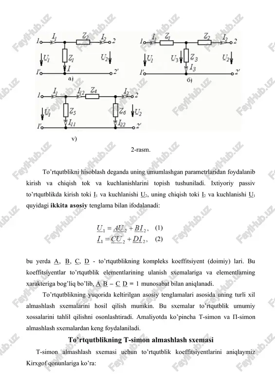 ha topiladi: agar z5 = z6 shart bajarilsa, unda to’rtqutblik simmetrik bo’lib, a = d bo’ladi. to’rtqutblik koeffitsiyentlarini tajriba yordamida aniqlash passiv to’rtqutblik kompleks koeffitsiyentlarini tajriba yordamida aniqlash mumkin. buning uchun to’rtqutblik parametrlari qiymatlari va elementlarining ulanish sxemasini bilish shart emas. a, b, c, d koeffitsiyentlarni topish formulalarini salt ish va qisqa tutashish tajribalari natijalariga asoslanib hosil qilish mumkin. tajriba o’tkaziladigan sxema 3-rasmda keltirilgan. to’rtqutblik kirish qismalari manbaga ulangan holat uchun salt ish tajribasi. qarshiligi rostlanadigan rezistor r yordamida to’rtqutblik kirishiga u2nom kuchlanishga teng bo’lgan kuchlanish beriladi va o’lchov asboblari yordamida u10, i10 va φ10 lar aniqlanadi. salt ish rejimida i20=0 bo’lganligi sababli (1) va (2) tenglamalar quyidagi ko’rinishda yoziladi: 3-rasm. (7) to’rtqutblik kirish qismalari manbaga ulangan holat uchun qisqa tutashish tajribasi. bu tajribani o’tkazish uchun to’rtqutblik chiqish qismalariga ampermetr ulab uning kirishiga shunday kuchlanish beramizki, bunda to’rtqutblik chiqishidagi tok i2nom ga teng bo’lsin. o’lchov asboblari yordamida u1q, i1q va …