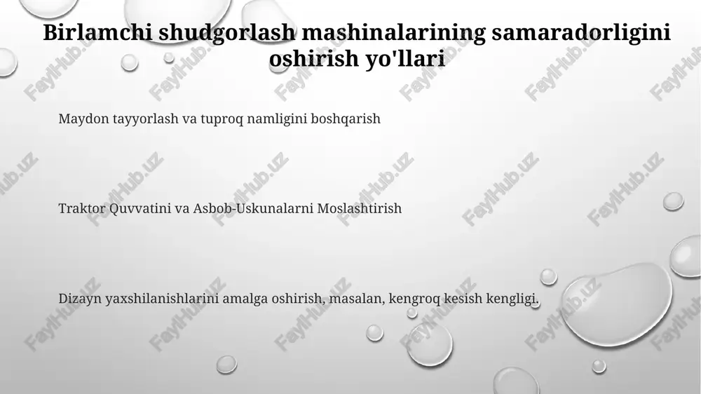 a chuqurlikni boshqarish mexanizmidan iborat. samaradorlikni oshirish uchun mos disk o'lchami va masofani, chuqurlik sozlamalarini optimallashtirish va traktorning to'g'ri tezligini ta'minlash kerak. texirlash va xizmat ko'rsatish ramka, traktorga ulanish va pichoqlar, disklar yoki tishlar kabi turli ishchi qismlardan iborat. texnik xizmat ko'rsatish va ta'mirlash: eskirib qolishning oldini olish uchun komponentlarni muntazam tozalash, moylash va tekshirish. samaradorlikni oshirish: tuproqni ishlov berish chuqurligini optimallashtirish, ish tezligini sozlash va optimal tuproq tayyorlash uchun o'tkir asboblardan foydalanish. birlamchi shudgorlash mashinalarining samaradorligiga ta'sir etgan omillar ishlov berish tezligi va chuqurligi traktor kuchi va asbob-uskunalar hajmi tuproq turi va namlik miqdori boshlang'ich tuproq yozishga kirish yerda ishlovchi asboblar, masalan, g'o'za va diskli boronalar, tuproq tuzilishini jismonan buzish orqali ishlaydi. tuproq sharoitiga mos keladigan asboblarni ishlatish, traktor sozlamalarini optimallashtirish va o'tish sonini kamaytirish samaradorlikni oshiradi. birlamchi ishlov berish - ekish uchun qattiq tuproqni buzib, tuproqni dastlabki tayyorlash. tuproq turi va sharoitlari tuproqni ishlovchi vositalar tuproqni maydalaydi, urug‘ …