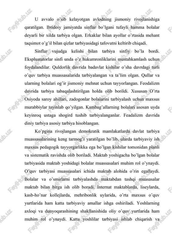 yot maktabi orqali jamiyat talablarini anglaydi, his qiladi. oila tarbiyasi – oilada ota-onalar, vasiy yoki katta kishilar tomonidan bolalarni tarbiyalash. yosh avlodning har tomonlama rivojlanishida muhim o’rin tutadi. oila tarbiyasida doimiy tarbiyaviy kuch oilaviy tartib, ya’ni oila a’zolarining bir-biriga munosabati, ota-ona va boshqa katta kishilarning xulq atvori, madaniy va siyosiy saviyasi, oila byudjeti, yashash sharoiti va harakati. oila qanchalik tartibli, uni a’zolari o’rtasidagi munosabat samimiy bo’lsa, oila tarbiyasi bolaning shunchalik muvaffaqiyatli bo’ladi. oila tarbiyasi ham shunchalik muvaffaqiyatli bo’ladi. oila tarbiyasi bolaning ilk go’daklik davridan boshlanadi. oilada uning sog’lig’i, jismoniy kamoloti, to’g’ri ovqatlanishi, uxlash rejimi, ozodalik va shu kabilarga ahamiyat beriladi. bolada yoshlikda boshqalarga taqlid etishi kuchli bo’lganligi sababli oiladagi kattalar uning nojo’ya hatti-harak qilishliriga yo’l qo’ymaslik lozim. bolaning aqliy taraqqiyoti, undagi ijobiy hislatlarning shakllanishiga ham haroakat qilishlariga yo’l qo’ymaslik lozim. bolaning aqliy taraqqiyoti, undagi ijobiy hislatlarning shakllanishiga ham ilk yoshligidan ahamiyat beriladi. bola katta bo’lgan sari oila tarbiyasi ham murakkablashadi. …