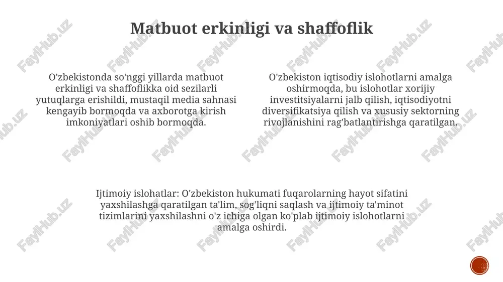 joy va infratuzilma rivojlanishi uy-joy va infratuzilma rivojlanishi: o'zbekiston uy-joy sharoitlarini yaxshilashga va yo'l tarmoqlari, kommunal xizmatlar va jamoat transporti kabi infratuzilmani modernizatsiya qilishga e'tibor qaratgan. o'zbekiston hukumati iqtisodiy o'sish va investitsiyalarni ustuvor yo'nalish sifatida belgilash orqali infratuzilmani rivojlantirish, sanoatlashtirish va ish o'rinlari yaratishni maqsad qilib oldi. ijtimoiy islohotlar: o'zbekiston fuqarolar farovonligini oshirish maqsadida ta'lim, sog'liqni saqlash va ijtimoiy himoya tizimlarini yaxshilash kabi muhim ijtimoiy islohotlarni amalga oshirdi. korrupsiyaga qarshi kurash o'zbekiston korrupsiyaga qarshi kurashish uchun huquqiy asoslar va sud tizimini mustahkamlashga harakat qilmoqda. korrupsiyaga qarshi kurash tashabbuslari shaffoflik va hisobdorlikni targ'ib qilish uchun amalga oshirilmoqda. ijtimoiy islohotlar turmush darajasini, sog'liqni saqlash va ta'limni yaxshilashga qaratilgan. xalqaro hamkorlik va sheriklik xalqaro hamkorlik o'zbekistonning ijtimoiy islohotlari uchun juda muhim. xalqaro tashkilotlar bilan hamkorlik texnik yordam va moliyaviy mablag'larni ta'minlaydi. ijtimoiy islohotlar hayot darajasini yaxshilash va ijtimoiy muammolarni hal qilishga qaratilgan. bolalarni himoya qilish va farovonligi ijtimoiy islohotlar bolalar uchun ta'lim, sog'liqni …