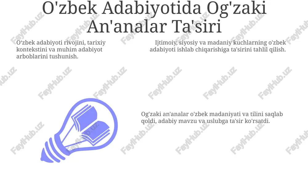 ahlil qilish. ozbek adabiyoti tarixidagi asosiy adabiy oqimlar, yozuvchilar va asarlarni o'rganing. sales 1st qtr 2nd qtr 100 0 sales 1st qtr 2nd qtr 100 0 sales 1st qtr 2nd qtr 100 0 o'zbek adabiyotida mavzu tadqiqi o'zbek adabiyoti evolyutsiyasini tarixiy davrlar va adabiy harakatlar orqali tushunish. katta o'zbek yozuvchilarini, ularning asarlarini va adabiyotga ta'sirini o'rganish. o'zbek adabiyoti asarlarida identifikatsiya, madaniyat va tarix mavzusini o'rganish. o'zbek adabiy merosini saqlash va rivojlantirish o'zbek adabiyoti tarixiy rivojini, shu jumladan muhim mualliflar, harakatlar va mavzulardan tushunish. o'zbek adabiy asarlarini tadqiq qilish, hujjatlashtirish va tarqatish orqali saqlash va targ'ib qilish. o'zbek adabiy asarlarini tadqiq qilish, hujjatlashtirish va tarqatish orqali saqlash va targ'ib qilish. o'zbek adabiyoti kelajagi zamonaviy o'zbek yozuvchilari va ularning o'zgarib borayotgan uslublarini o'rganish. o'zbek adabiy an'analarini shakllantirgan tarixiy, madaniy va ijtimoiy kontekstlarni tushunish. o'zbek adabiyotining tarixiy rivojlanishini, muhim davrlarni va ta'sirli asarlarni ta'kidlab tahlil qilish. e'tiboringiz uchun rahmat @taqdimot_robot image1.jpeg image2.jpeg image3.jpeg