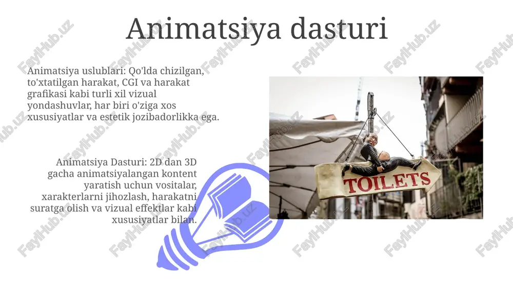 i yaratish uchun ishlatiladi. animatsiya effektlarining turlari harakatni loyqalash: ob'ektlarni loyqalash orqali harakatni taqlid qiladi. morfing: bir ob'ektni boshqasiga aylantiradi. yengillashtirish va interpolyatsiya animatsiyani yumshoq qilish uning tezligini va tezlashuvini boshqaradi, bu esa uni tabiiyroq qiladi. interpolatsiya animatsiya kalit kadrlari orasidagi o'tishni aniqlaydi, bu silliq va bashorat qilinadigan harakatlarni yaratadi. e'tiboringiz uchun rahmat @taqdimot_robot image4.jpg image5.jpg image6.jpg image7.jpg image8.jpg image9.jpg image10.jpg image11.jpg image12.jpg image13.jpg image14.jpg image15.jpg image16.jpg image17.jpg image18.jpg image19.jpg image20.jpg image1.jpeg image2.jpeg image3.jpeg