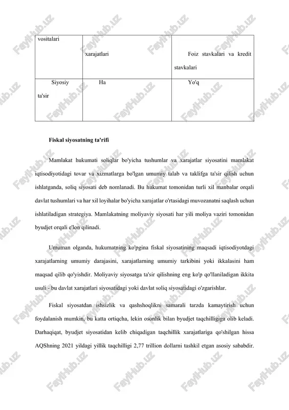 iyosatning asosiy maqsadi barqarorlikni ta'minlash, ishsizlikni kamaytirish va iqtisodiyotning o'sishidir. soliq darajasi va uning tarkibi va turli loyihalarga sarflanadigan xarajatlar soliq-byudjet siyosatida qo'llaniladi. fiskal siyosatning ikki turi mavjud, ular: · kengaytirilgan soliq siyosati: hukumat soliqlarni minimallashtirish va davlat xarajatlarini ko'paytirish siyosati. · kontraktsion soliq siyosati: hukumat soliqlarni oshiradigan va davlat xarajatlarini kamaytiradigan siyosat. fiskal siyosat budjet xarajatlarining oshishi yoki kamayishi tashqi savdo hajmiga (mamlakatdan tovarlar chiqarish (eksport) va mamlakatga tovarlar kiritish (importdan) tashkil topadi) mamlakatdagi yalpi talabning o‘sishi yoki qisqarishi orqali ta’sir qiladi. xususan, budjet xarajatlarining (transfertlar bilan birga) oshishi yalpi talabni rag‘batlantiradi. yalpi talabning o‘sishi, o‘z navbatida, import tovarlariga bo‘lgan talab hajmida ham o‘sishga olib keladi. o‘zbekistonda so‘nggi yillarda budjet xarajatlarning muntazam oshib borayotganligi kuzatilmoqda. aytaylik, yaim daromad sifatida qaralsa, uning tarkibida davlat xarajatlarining hissasi yildan-yilga ortib bormoqda. raqamlarga murojaat qilsak, konsolidatsiyalashgan budjet xarajatlarining yaimdagi ulushi 2016 yilda 23,8 foizni tashkil etgani holda, hozirgi kunga kelib mazkur ko‘rsatkich 35 …