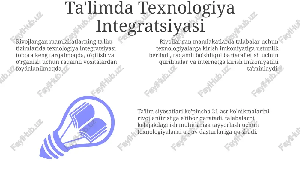 tenglikni rivojlantirish. hukumati va xususiy sektorning roli xususiy sektor xususiy maktablar va kasb-hunar ta'limi kabi turli xil imkoniyatlarni taklif etadi. ta'lim tizimlari oliy ma'lumot, ko'nikmalarni rivojlantirish va umr bo'yi o'qishga urg'u beradi. hukumət jamoatchilik uchun ta'lim beradi, standartlarni tartibga soladi va tadqiqotlarni moliyalashtiradi. baholash va baho berish add text add text add text add text add text add text ta'limni boshqarish va o'quvchilarning o'rganishini yaxshilash uchun shakllantiruvchi baholashga urg'u berish. baholash tizimlari javobgarlikka qaratilgan bo'lib, ishlash bo'yicha ma'lumotlar siyosat qarorlarini qabul qilishda qo'llaniladi. standartlashtirilgan testlar o'quvchilarning taraqqiyotini va maktab samaradorligini o'lchash uchun keng qo'llaniladi. xalqaro taqqoslash va o'lchovlar 01 02 03 xalqaro taqqoslashlar turli ta'lim tizimlarining kuchli va zaif tomonlarini aniqlab beradi va siyosatni yaxshilashga yordam beradi. rivojlangan mamlakatlar ta'lim tizimlarida ko'pincha yuqori savodxonlik darajasi va oliy ta'limga kirish imkoniyati kabi umumiy xususiyatlarga ega. standartlashtirilgan baholar talabalarning o'qish natijalarini o'lchash imkonini beradi va ularni turli mamlakatlarda solishtirishga imkon beradi. sales …