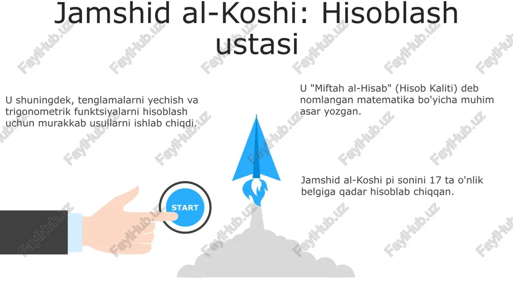 eb hisoblanadi, u chiziqli va kvadrat tenglamalarni yechish uchun tizimli usullarni kiritgan. 06 05 04 03 02 nasiruddin tusi: bir uyg'onish davri shaxsiyati 01 02 al-tusiyning trigonometriya bo'yicha ishlari, ayniqsa sinus funksiyasi tushunchasini rivojlantirishda muhim rol o'ynadi. nasiruddin tusi: astronomiya, matematika va falsafa sohasida muhim hissa qo'shgan ko'p qirrali shaxs. 03 u shuningdek, mantiq, axloq va metafizika bo'yicha ta'sirli asarlar yozgan. al-xorazmiyning merosi jamshid al-koshiy va ulug'bek astronomiya jadvallarini rivojlantirishda va arifmetika hamda trigonometriyaga muhim hissa qo'shishda muhim rol o'ynaganlar. muhammad ibn musa al-xorazmiyning ishi algebraga asos soldi va algoritm tushunchasini kiritdi. nasr al-din al-tusi trigonometriya sohasida taraqqiyotga erishdi va astronomiyadagi asosiy tushuncha bo'lgan "tusi juftligi" ni ishlab chiqdi. s w o t swot e'tiboringiz uchun rahmat @taqdimot_robot image1.jpeg image2.jpeg image3.jpeg image4.jpeg