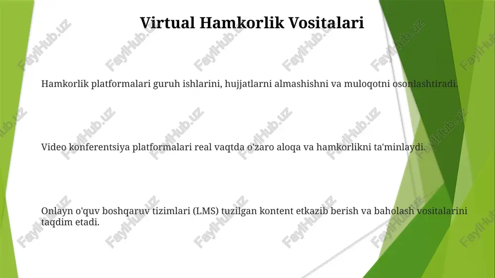 hiriqlar va muloqot uchun platformalar. baholash va baholash vositalari talaba ishtiroki ko'rsatkichlarini, masalan, veb-saytga tashriflar, forumda qatnashish va video tomosha qilishni kuzatish va tahlil qilish. talabalarning qoniqishini va onlayn resurslarning samaradorligini baholash uchun onlayn so'roqnomalar va anketalar. onlayn platformalar orqali yaratilgan talaba ishlarini namoyish etuvchi, ularning ko'nikma va tushunchalarini aks ettiruvchi portfel baholari. internet xizmatlarini o'quv dasturiga integratsiya qilish raqamli taqvimlar va onlayn vazifa boshqarish platformalari rejalashtirish va jadvalni soddalashtiradi. o'quv boshqaruv tizimlari kurs materiallari, baholash va baho darajalariga markazlashtirilgan kirishni ta'minlaydi. google classroom kabi onlayn hamkorlik vositalari muloqot va topshiriqlar topshirishni osonlashtiradi. ta'limda internet xizmatlaridan foydalanishning qiyinchiliklari internetga kirish va infratuzilma: tengsiz internetga kirish va ishonchsiz ulanish ishtirokni to'sqinlik qiladi. o'qituvchilarni tayyorlash va raqamli savodxonlik: o'qituvchilar onlayn vositalarni samarali birlashtirish uchun etarli mashg'ulotlarga muhtoj. talaba ma'lumotlarining xavfsizligi va maxfiyligi: talaba ma'lumotlarining xavfsizligi va maxfiyligi haqidagi tashvishlarni hal qilish kerak. xulosa va tavsiyalar internet xizmatlari ta'lim tashkilotlarini yaxshilash uchun katta …