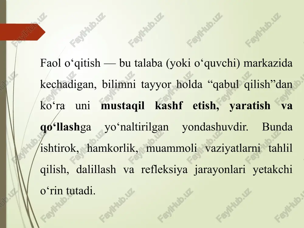 vsiyalar: aniq qoidalar, vaqt cheklovi, moderator. debatdan so‘ng “issiq stul” savol-javobi foydali. flipped classroom (aksincha sinf) maqsad: nazariyani uyda o‘zlashtirib, dars vaqtini amaliyotga ajratish. qadamlar: uyga video/matn → sinfda muammo yechish, keys, laboratoriya → yakunda formativ baholash. baholash mezoni: uy materiali bo‘yicha tayyorgarlik, sinfdagi faol ishtirok, amaliy yechimlar sifati. tavsiyalar: qisqa va maqsadga yo‘naltirilgan materiallar bering; sinfda differensial vazifalar taklif qiling. dars dizayni va baholash: rejalash, monitoring, refleksiya 1) 45 daqiqalik namunaviy ssenariy 5 daqiqa — faollashtirish: diagnostik savol-javob yoki tezkor viktorina; maqsadlarning e’lon qilinishi. 10 daqiqa — yangi tushuncha: mikroma’ruza + vizual (sxema, konsept xarita) + qisqa tekshiruv savoli. 20 daqiqa — interfaol amaliyot: tps/jigsaw/keys-stadi/pbldan biri (oldindan rejalangan materiallar bilan). 7 daqiqa — formativ baholash va refleksiya: exit-ticket, “1 yangi g‘oya + 1 savol”, mini-rubrika. 3 daqiqa — yakun: uy vazifasi, keyingi darsga tayyorgarlik bo‘yicha aniq yo‘riqnoma. baholash: formativ va summativ uyg‘unligi formativ baholash texnikalari: kuzatuv varaqalari, likert shkalali …