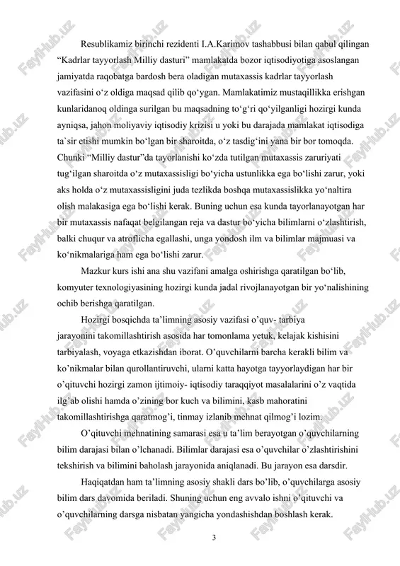 i hozirgi zamon ijtimoiy- iqtisodiy taraqqiyot masalalarini o’z vaqtida ilg’ab olishi hamda o’zining bor kuch va bilimini, kasb mahoratini takomillashtirishga qaratmog’i, tinmay izlanib mehnat qilmog’i lozim. o’qituvchi mehnatining samarasi esa u ta’lim berayotgan o’quvchilarning bilim darajasi bilan o’lchanadi. bilimlar darajasi esa o’quvchilar o’zlashtirishini tekshirish va bilimini baholash jarayonida aniqlanadi. bu jarayon esa darsdir. haqiqatdan ham ta’limning asosiy shakli dars bo’lib, o’quvchilarga asosiy bilim dars davomida beriladi. shuning uchun eng avvalo ishni o’qituvchi va o’quvchilarning darsga nisbatan yangicha yondashishdan boshlash kerak. o’quvchilarga chuqur bilim berishda erishgan muvaffaqqiyatlarning sirini ham, yo’l qo’ygan kamchiliklarimizning sabablarini ham olib borgan darsimizdan izlamoq kerak. bizga ma’lumki, umum ta’lim maktablari, akademik litsey, kasb – hunar kollejlari va oliy ta’lim dasturlarining anchagina qismini funksiya va uning grafigi haqidagi mavzular egallagan. yuqorida aytilganidek funksiya haqidagi bilimlar dars jarayonida amalga oshiriladi. tushunchasi funksiya haqidagi mavzularni o’quvchilarga singdirish vaqtida funksiyaning ta’rifi, berilgan funksiyaga nisbatan murakkabrog’i xatto darslikda keltirilmagan misollarni ham grafiklarini …