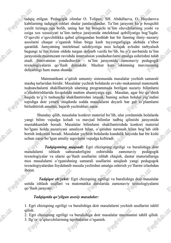 ida ta’lim jarayonida mumtazam ravishda innovatsion yondashuvlarni amalga oshirishni talab etadi. innovatsion yondashuvlar - ta’lim jarayonida zamonaviy pedagogik texnologiyalarni qo’llash demakdir. mazkur kurs ishimning mavzusining dolzarbligi ham mana shunda. matematikani o’qitish umumiy sistemasida masalalar yechish samarali mashq turlaridan biridir. masalalar yechish bolalarda avvalo mukammal matematik tushunchalarni shaklllantirish ularning programmada berilgan nazariy bilimlarni o’zlashtirishlarida favqulotda muhim ahamiyatga ega. masalan, agar biz qo’shish haqida to’g’ri tushuncha shakllantirishni istasak, buning uchun bolalar yig’indini topishga doir yetarli miqdorda sodda masalalarni deyarli har gal to’plamlarni birlashtirish amalini, bajarib yechishlari zarur. shunday qilib, masalalar konkret material bo’lib, ular yordamida bolalarda yangi bilim vujudga keladi va mavjud bilimlar tadbiq qilinishi jarayonida mustahkamlab boradi. masalalar bilimlarni shakllantirishda konkret material bo’lgani holda nazariyani amaliyot bilan, o’qitishni turmush bilan bog’lab olib borish imkonini beradi. masalalar yechish bolalarda kundalik hayotda har bir kishi uchun zarur bo’lgan amaliy uquvlarni vujudga keltiradi. tadqiqotning maqsadi: egri chiziqning egriligi va buralishiga doir masalalarni ishlash samaradorligini …