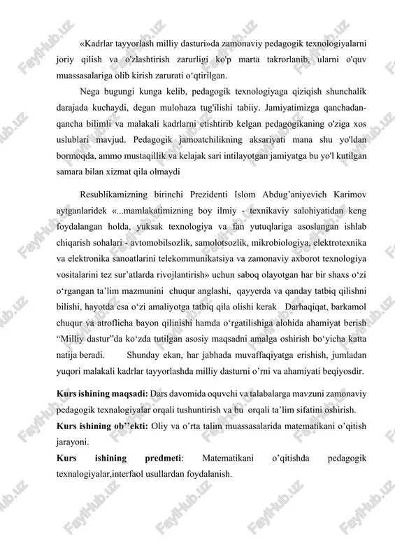 y va o’rta talim muassasalarida matematikani o’qitish jarayoni. kurs ishining predmeti: matematikani o’qitishda pedagogik texnalogiyalar,interfaol usullardan foydalanish. 1-§.funksianing qavariqligi va botiqligi. aytaylik f(x) funksiya x=x0 nuqtada f’(x0) hosilaga ega, ya’ni funksiya grafigining m(x0,f(x0)) nuqtasidan novertikal urinma o‘tkazish mumkin bo‘lsin. ta’rif. agar x=x0 nuqtaning shunday atrofi mavjud bo‘lib, y=f(x) egri chiziqning bu atrofdagi nuqtalarga mos bo‘lgan bo‘lagi shu egri chiziqqa m(x0,f(x0)) nuqtasidan o‘tkazilgan urinmadan pastda (yuqorida) joylashsa, u holda f(x) funksiya x=x0 nuqtada qavariq (botiq) deyiladi. agar egri chiziq biror intervalning barcha nuqtalarida qavariq (botiq) bo‘lsa, u holda bu chiziq shu intervalda qavariq (botiq) deyiladi. 1-chizma 2-chizma 3-chizma 1-chizmada qavariq va 2-chizmada botiq egri chiziqlar chizilgan. egri chiziq nuqtasining ordinatasini y bilan, shu egri chiziqqa m(x0,f(x0)) nuqtasida o‘tkazilgan urinmaning x ga mos ordinatasini y bilan belgilaylik. ravshanki, agar x0 nuqtaning biror atrofidan olingan 4-chizma barcha x lar uchun y-y 0 (y-y 0) tengsizlik o‘rinli bo‘lsa, u holda egri chiziq x=x0 nuqtada …