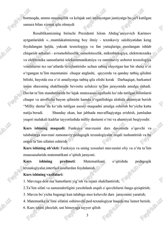 mavzuga doir ma’lumotlarni yig’ish va rejani shakllantirish; 2.ta’lim sifati va samaradorligini yaxshilash orqali o`quvchilarni fanga qiziqtirish; 3. mavzu bo`yicha bugungi kun talabiga mos keluvchi dars jarayonini yaratish; 4. matematika ta’limi sifatini oshiruvchi ped-texnalogiyar haqida ma`lumot berish; 6. kurs ishini jihozlab, uni himoyaga tayyor qilish hozirgi bosqichda ta’limning asosiy vazifasi o’quv- tarbiya jarayonini takomillashtirish asosida har tomonlama yetuk, kelajak kishisini tarbiyalash, voyaga etkazishdan iborat. o’quvchilarni barcha kerakli bilim va ko’nikmalar bilan qurollantiruvchi, ularni katta hayotga tayyorlaydigan har bir o’qituvchi hozirgi zamon ijtimoiy- iqtisodiy taraqqiyot masalalarini o’z vaqtida ilg’ab olishi hamda o’zining bor kuch va bilimini, kasb mahoratini takomillashtirishga qaratmog’i, tinmay izlanib mehnat qilmog’i lozim. o’qituvchi mehnatining samarasi esa u ta’lim berayotgan o’quvchilarning bilim darajasi bilan o’lchanadi. bilimlar darajasi esa o’quvchilar o’zlashtirishini tekshirish va bilimini baholash jarayonida aniqlanadi. bu jarayon esa darsdir. haqiqatdan ham ta’limning asosiy shakli dars bo’lib, o’quvchilarga asosiy bilim dars davomida beriladi. shuning uchun eng avvalo ishni o’qituvchi va …
