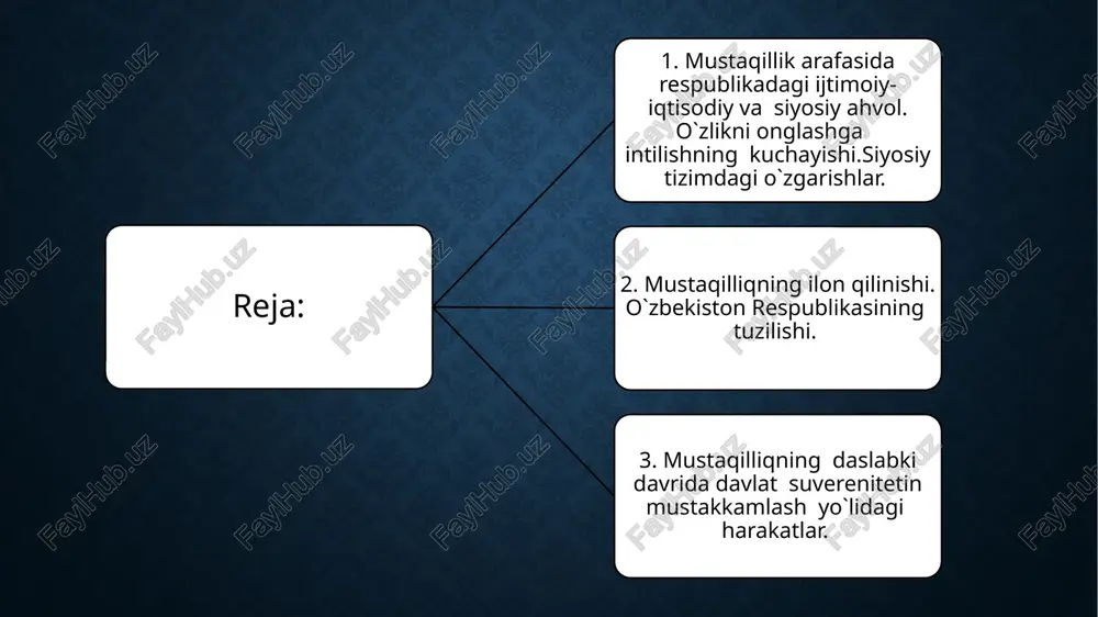 ishni ta’minlashni o’zimning asosiy vazifam deb bilaman, deb ta’qidladi. bu saylovlarning yangiligi shundan iborat bo’ldiki, 500 saylov okrugining 326 tasida muqobil nomzodlar ko’rsatildi. oldingi saylovlarda barcha nomzodlar birinchi turdayoq deyarli 100 foiz ovoz bilan saylangan bo’lsalar, bu safar birinchi turda 368 nomzod zarur ovozlarni to’play oldi. hali sssr va markaziy hokimiyat mavjud bo’lgan sharoitda o’zbekistonda o’z prezidentining saylanishi muhim vaqea bo’ldi, mamlakatimiz mustaqilligiga erishish sari tashlangan yana bir dadil qadam bo’ldi. mustaqillik deklaratsiyasi o’zbekiston ssr oliy sovetining ikkinchi sessiyasi 1990 yil 20 iyun kuni «mustaqillik deklaratsiyasi»ni qabul qildi. deklaratsiyada har bir millatning o’z taqdirini o’zi belgilash huquqidan kelib chiqqan holda, xalqaro huquq qoidalariga, umumbashariy qadriyatlariga va demokratiya tamoyillariga asoslanib o’zbekiston ssrning davlat suvereniteti e’lon qilindi. o`zbekistonning eng yangi tarixi darsi mustaqillik deklaratsiyasi 12 moddadan iborat bo’lib, quyidagilar bayon etilgan: - o’zbekiston ssr davlat hududi chegarasi daxlsiz va bu hudud xalqning muhokamasiga qo’yilmay turib o’zgartirilishi mumkin emas. sssr oliy soveti qabul …