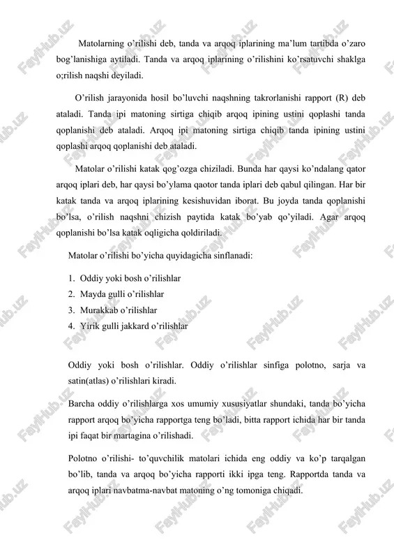 nda ingichka bo’lsa, matoda ko’ndalang yo’llar hosil bo’ladi(poplin,tafta va bosgq matolar). bunday o’rilishlar soxta reps deb ataladi. polotno o’rilishi ip matolar (chit, batist, polotno va boshqalar), zig’ir tolali matolar (bortovka, polotno, parusinava boshqalar), ipak matolar (krepdeshin, krepshifon,polotno va boshqalar), jun matolar (bazi koylaklik va kostyumlik marolar) to’qishda ishlatiladi. sarja o’rilishli matolarning o’ziga xos tomoni shundaki, ularning o’ng tomonida dioganal bo’ylab ketgan yo’llar bo’ladi. bu dioganal yo’llari matolarning o’ngida, odatda, chapdan o’ng tomonga, pastdan yuqoriga ba’zan esa o’ngdan chaoga qarab ketadi (chap sarja). o’ng sarja o’rilishi ko’proq ishlatiladi. sarja rapportidagi iplar soniga hamda tanda va arqoq iplarining zichligiga qarab sarja o’rilishidagi yo’llarning qiyalik qiyalik birchagi har xil bo’lishi mumkin. agar tanda va arqoq iplarining zichligi va yo’g’onligi bir xil bo’lsa, sarja yo’llarining qiyalik burchagi 45oni tashkil qiladi. sarja o’rilishining tuzilishi quyidagilarga bog’liq: 1. rapportdagi iplarning soni uchtadan kam bo’lmaydi: rmin=3 2. har bir tanda yoki arqoq qoplanish har mahal bitta ipga …
