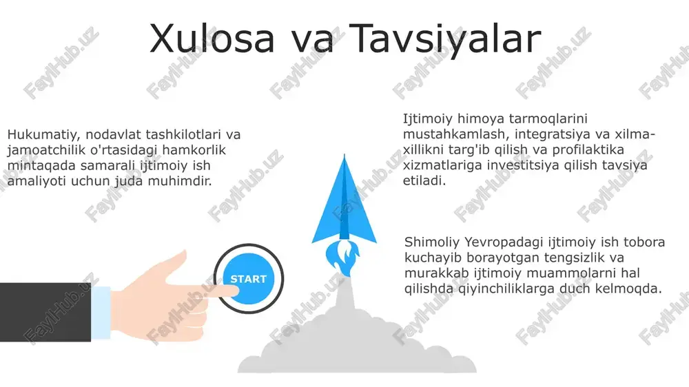 ishlar amaliyoti orqali ijtimoiy integratsiyani rag'batlantirish va tengsizlikni bartaraf etish. 06 05 04 03 02 jamiyatga ijtimoiy ishning ta'siri 01 02 bolalar farovonligi, ruhiy salomatlik, giyohvandlikka qarshi kurash va qariyalarni parvarish qilish. ijtimoiy huquqlarga kuchli urg'u berish, universal ijtimoiy ta'minot tizimlari va ijtimoiy integratsiya va kuchlanishga yo'naltirilgan. 03 ijtimoiy adolat va tenglikni targ'ib qiladi, zaif shaxslar va jamoalarga yordam beradi, jamiyat farovonligiga hissa qo'shadi. muayyan guruhlarga qaratilgan ijtimoiy ish amaliyotning asosiy yo'nalishlari bolalarni himoya qilish, ruhiy salomatlik, giyohvandlik va oiladagi zo'ravonlikni o'z ichiga oladi, ko'pincha kuchlanish va ijtimoiy adolatga qaratilgan. shimoliy yevropada ijtimoiy ish bilan shug'ullanuvchi mutaxassislar tomonidan ko'rib chiqiladigan maxsus guruhlar qatoriga qochqinlar, muhojirlar, chetga surilgan jamoalar va nogironlar kiradi. shimoliy yevropadagi ijtimoiy ish mijozlar farovonligini ta'minlashda gomilistik yondashuvni ta'kidlaydi, bu ijtimoiy, iqtisodiy va madaniy omillarni o'z ichiga oladi. s w o t swot e'tiboringiz uchun rahmat @taqdimot_robot image1.jpeg image2.jpeg image3.jpeg image4.jpeg
