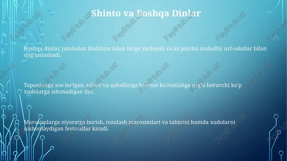 hiqishi hech qanday asoschisi yo'q, asrlar davomida organik ravishda rivojlangan, buddizm va konfutsiylik ta'sirida. poklik, tabiat bilan uyg'unlik, ajdodlarga hurmat va kami-larni tinchlantirish marosimlari ta'kidlanadi. qadimgi yapon e'tiqodlari va marosimlari, tabiat ruhlari (kami) va ota-bobolarga sig'inishga qaratilgan. e'tiboringiz uchun rahmat @taqdimot_robot image1.png image2.png image3.png image4.png image5.png