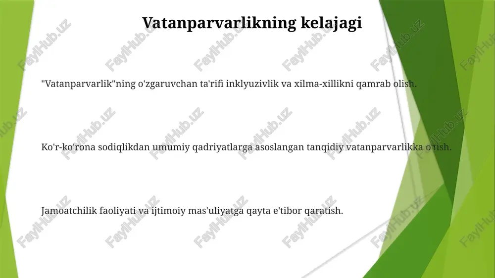 muhabbat, sadoqat va iftixor tuyg'usi, ko'pincha faol fuqarolik orqali namoyon bo'ladi. vatanparvarlikni nishonlash: millatimiz tarixi, qadriyatlari va yutuqlarini hurmat qilish va qadrlash vaqti. e'tiboringiz uchun rahmat @taqdimot_robot