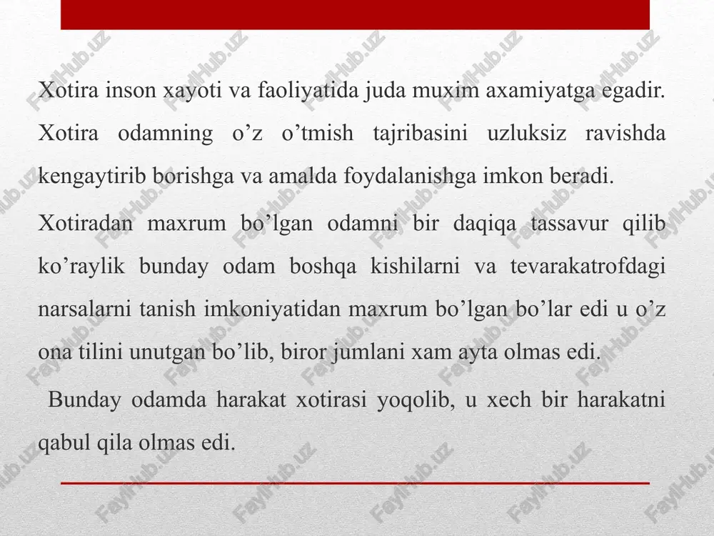 egadir. biz boshimizdan kechirgan va xotiramizda saqlab qolgan xissiyotlar va harakatga undovchi yoki o’tmishda salbiy kechinmalarga ega bo’lgan harakatlardan saqlab qoluvchi signal tarzida namoyon bo’ladi. o’zga kishiga hamdard bo’lish qobiliyati, kitob kaxromoni bilan birga qayg’urish emotsional xotiraga asoslanadi. agar siz boshdan kechirganlarni bir laxzada eslash bilan qizarish, oqarish qobiliyatiga ega bo’lsangiz agar siz qachonlardir boshdan kechirgan baxtsizlik xaqida o’ylashdan qo’rqsangiz, sizda tuygu xissiyot xotirasi yoki emotsional xotira bor deyish mumkin. obrazli xotira tasavvurlar, tabiat va xayot manzaralari, shuning bilan birga, tovushlar, xidlar, ta`mlar bilan bog’liq bo’lgan xotiradir. xotiraning bu turi –ko’rish, eshitish, tuyish, xid bilish va ta`m bilish xotiralaridan iboratdir. agar normal taraqqiy etgan barcha kishilarning xayotiy sharoitlarida kurish va eshitish xotirasi odatda, yaxshi rivojlangan bo’lib, etakchi rol o’ynasa, tuyish xid bilish va ta`m xotiralarini, xotiraning ma`lum ma`noda professional turlari deb atash mumkin. ixtiyorsiz xotiraning xayotimizda naqadar katta o’rin egallaganligini har kim xam o’z turmush tajribasidan biladi. ixtiyorsiz xotira asosida …
