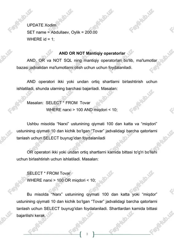 atori orqali mavjud ma’lumotni o‘zgartirish. in, between, like operatorlari in, between, like va not in - bu ma'lumotlar bazasi jadvalidan ma'lumotlarni berilgan shartlar bo’yicha tanlab olish uchun uchun ishlatiladigan yana bir nechta sql da ishlatiladigan standart so’zlar xisoblanadi. in operatori qiymati ro'yxatda ko'rsatilgan qiymatlardan biriga mos keladigan qatorlarni tanlash uchun ishlatiladi. masalan: select * from maxsulot where category in ('meva', 'sabzavot'); bu misolda select buyrug'i "maxsulot" jadvalidagi barcha qatorlarni tanlash, "category" ustunining qiymati "meva" yoki "sabzavotlar" qiymatiga mos keladigan ustundagi hamma ma’lumotlarni tanlaydi va ko’rsatadi. between operatori qiymatlari berilgan diapazonda joylashgan qatorlarni tanlash uchun ishlatiladi. masalan: select * from maxsulot where narxi between 10 and 20; ushbu misolda "narx" ustunining qiymati 10 dan 20 gacha bo'lgan "maxsulot" jadvalidagi barcha ma’lumotlarni va qatorlarni tanlash uchun foydalaniladi. like operatori qiymatlari berilgan shablonga mos keladigan qatorlarni tanlash uchun ishlatiladi. masalan: select * from maxsulot where nomi like 'kompot%'; ushbu misolda select buyrug'i "maxsulot" …