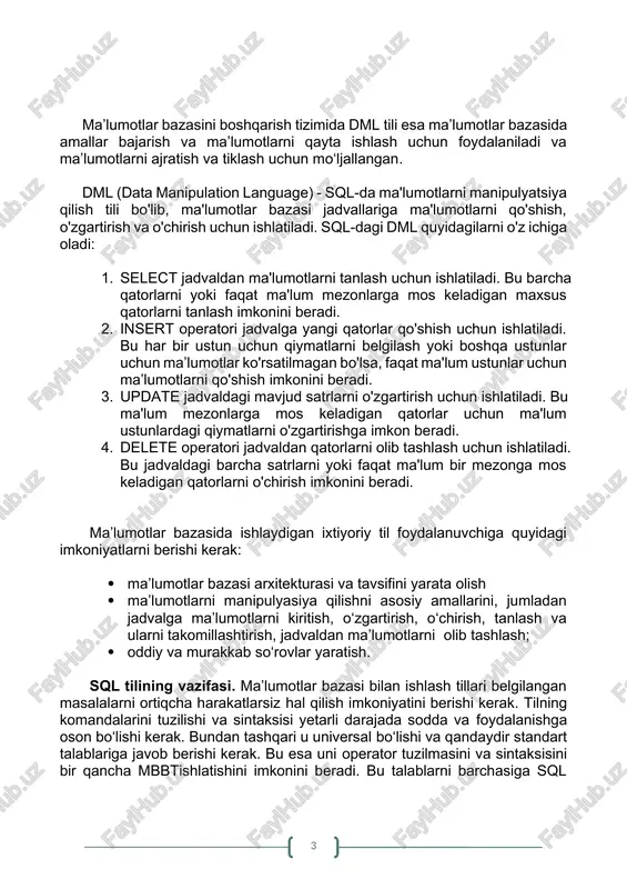 ilan ishlash tillari belgilangan masalalarni ortiqcha harakatlarsiz hal qilish imkoniyatini berishi kerak. tilning komandalarini tuzilishi va sintaksisi yetarli darajada sodda va foydalanishga oson bo‘lishi kerak. bundan tashqari u universal bo‘lishi va qandaydir standart talablariga javob berishi kerak. bu esa uni operator tuzilmasini va sintaksisini bir qancha mbbtishlatishini imkonini beradi. bu talablarni barchasiga sql javob beradi. sql tili – bu (structure query language), ya’ni strukturalangan so‘rovlar tili hisoblanadi. sql tili operatorlarni erkin formatda yozilishini ta’minlaydi. buning ma’nosi, operatorlar elementlarini yozilishi ekrandan fiksirlangan joylarga bog‘liq emas. buyruqlar tuzilmasi bir qancha kalit xizmatchi so‘zlar bilan beriladi, masalan: create table – jadval yaratish; insert – ma’lumot kiritish; select – ma’lumotlarni tanlab olish. sql operatori xizmatchi so‘zlar va foydalanuvchi qo‘llaydigan so‘zlardan tashkil topadi. xizmatchi so‘zlar sql tilining doimiy qismi bo‘lib, ular aniq qiymatga ega. ularni standartda ko‘rsatilgandek yozish kerak va ularni bir satrdan ikkinchisiga ko‘chirish mumkin emas. foydalanuvchi tomonidan aniqlangan so‘zlar, foydalanuvchi tomonidan ma’lum sintaksis …