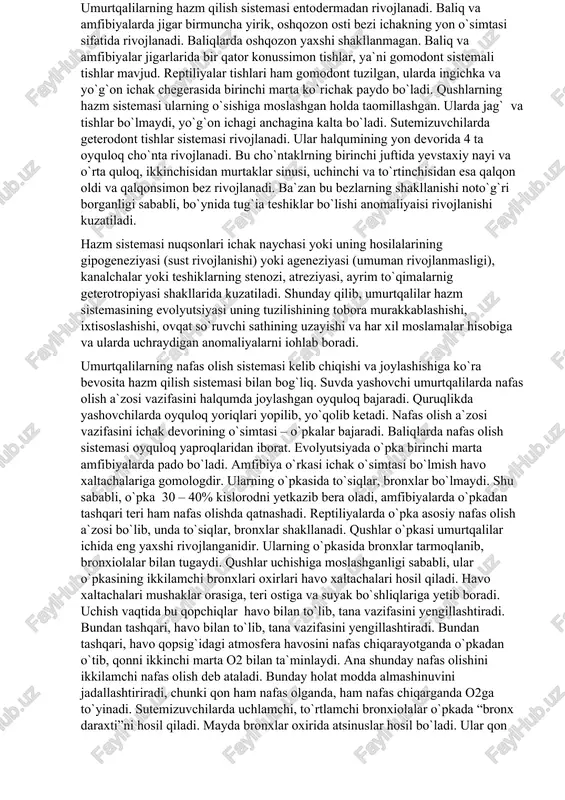 a o`simtalardan tuzilgan. amfibiyalarda baliqlardan farqli ikki yangi qism – bitta umurtqadan iborat bo`yin va dumg`aza bo`limlari rivojlanadi. reptiliyalarning umurtqa pog`onasi 5 qismdan – bo`yin, ko`krak, bel, dumg`aza va dum bo`limlaridan tuzilgan. bu qismlardagi umurtqalar soni reptiliyalar turiga qarab o`zgaradi. qushlarning umurtqa pog`onasi o`ziga xos tuzilgan bo`lib, u qushlarning uchishiga yordam beradi. bo`yin qismi umurtqalari yaxshi rivojlangan bo`lib, qushlarning harakatchanligi darajasini belgilaydi. qolgan qismlardagi umurtqalar qo`shilib o`sgan. sutemizuvchilar pog`onasida xorda faqat umurtqalar orasidagina saqlanib qolgadi. umurtqa pog`onasi bo`yin, ko`krak, bel, dumg`aza va dum qismlaridan iborat. bo`yin qismida 7 ta, ko`krak qimida 9 -24 ta, bel qismida 3 – 9 ta umurtqa bo`lib, dum qismi umurtqalari soni o`zgaruvchandir. odam umurtqa pog`onasida uchraydigan ayrim anomaliyalar sabaini uning filogenezidagi shakllanishidan aniqlash mumkin. masalan, ayrim odamlar umurtqa pog`onasining bo`yin qismmdagi umutrqalarda qovurg`alar birikadigan yon o`simtalar rivojlanishi mumkin. ana shunday o`simtalar evolyutsiyasi reptiliyalarda uchraydi. ayrim vaqtda bel umurtqalari tanasi elementlarining o`zaro yaxshi o`sib birikmaganligi sababli …