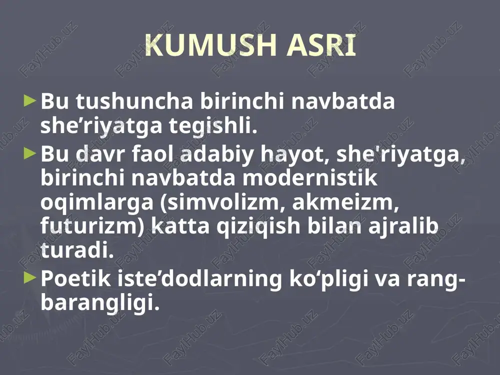hiroqlari bilan zamonaviy katta shahar qiyofasini kiritdi. bryusov har doim ijtimoiy va fuqarolik masalalariga yaqin edi. mehnat, insonning ijodiy salohiyati, tabiat kuchlarini o'z irodasiga bo'ysundirish bryusov she'riyatining eng muhim motivlaridan biridir. bryusov ishoralar she'riyati bilan ajralib turadi. k. balmont balmont she'riyati, boshqa ko'plab ramziy hamkasblaridan farqli o'laroq, optimistik, yorqin, tasavvufdan, halokatli alomatlardan va zamondoshlari ijodiga singib ketgan boshqa bezovta qiluvchi kayfiyatlardan uzoqdir. sssrda "burjua shoiri" balmont ko'p yillar davomida unutilgan. uning she’riyati yodga olinsa, u eng yaxshi misralaridan uzoq va faqat vahiy maqsadida – “tushish” misolida edi. hozirgi kunda balmont "rus adabiyotining kumush davri" ning ko'zga ko'ringan vakili bo'lganligi ayon bo'ldi va uning she'rlari hanuzgacha minnatdor o'quvchilarni quvontiradi. z. gippius u simvolizmning eng yorqin vakillaridan biriga aylandi. uning she'rlarida ushbu adabiy oqimga xos bo'lgan hamma narsa bor edi: hayotdan ataylab ajralish, sevgi va o'lim haqida fikr yuritish, shaxsning (birinchi navbatda, o'zining) qadr-qimmatini yuksaltirish. men insoniyatdan nafratlanaman men esa shoshib undan …