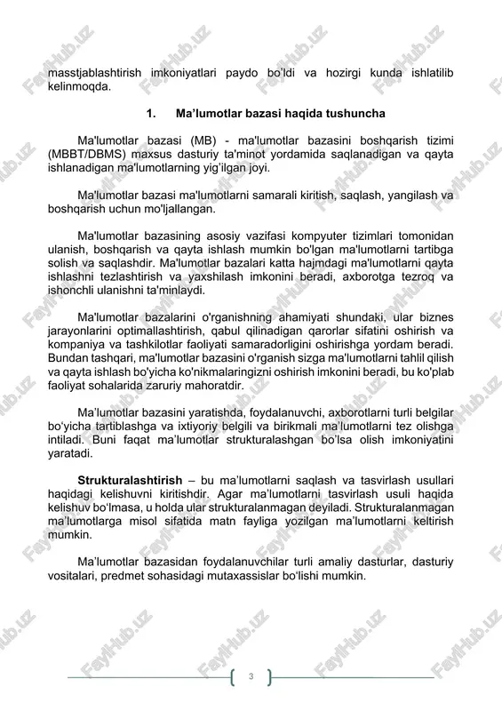 sullari haqidagi kelishuvni kiritishdir. agar ma’lumotlarni tasvirlash usuli haqida kelishuv bo‘lmasa, u holda ular strukturalanmagan deyiladi. strukturalanmagan ma’lumotlarga misol sifatida matn fayliga yozilgan ma’lumotlarni keltirish mumkin. ma’lumotlar bazasidan foydalanuvchilar turli amaliy dasturlar, dasturiy vositalari, predmet sohasidagi mutaxassislar bo‘lishi mumkin. 2. ma’lumotlar bazasining asosiy terminlari predmet sohasi deganda avtomatlashtirilgan boshqarishni tashkil qilish uchun o‘rganilayotgan real muhitning ma’lum bir qismi tushuniladi. masalan, korxona, zavod, ilmiy tekshirish instituti, oliy o‘quv yurti va boshqalar. ma’lumot – ma’nosiga e’tibor bermay qaraladigan ixtiyoriy simvollar to‘plamidir. o‘zaro bog‘langan ma’lumotlar ma’lumotlar tizimi deyiladi. ma'lumotlar, to'planishi, saqlanishi va turli maqsadlarda ishlatilishi mumkin bo'lgan faktlardir. ular raqamlar, matn, tasvirlar, tovushlar va boshqalar bo'lishi mumkin. ma’lumotlar bazasi – bu ma’lum bir predmet sohasiga oid tizimlashtirilgan ma’lumotlarning nomlangan to‘plami bo‘lib, kompyuter xotirasiga yozilgan ma’lum bir tuzilmaga ega, o‘zaro bog‘langan va tartiblangan ma’lumotlar majmuasi bo‘lib, u biror bir ob’yektning xususiyatini, holatini yoki ob’yektlar o‘rtasidagi munosabatni ma’lum ma’noda ifodalaydi. mb foydalanuvchiga strukturalashgan ma’lumotlarni saqlash …