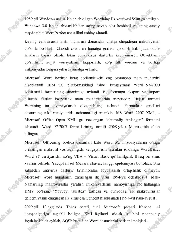 oyishiga moʻljallangan dmv boʻlgan. “yovvoyi tabiatga” tushgan va dunyodagi ilk makroviruslar epidemiyasini chaqirgan ilk virus esa concept hisoblanadi (1995-yil iyun-avgust). 2009-yil 12-avgustda texas shtati sudi microsoft patenti kanada i4i kompaniyasiga tegishli boʻlgan xml-fayllarni oʻqish uslubini noqonuniy foydalanishida ayblab, aqsh hududida word dasturlarini sotishni taqiqladi. dasturning rivojlanishi[tahrir] ms word soʻnggi yillarda oʻz imkoniyatlarini kengaytirdi. word 2003 versiyasidagi dastur asosiy ramzi word 2007 versiyasida qisman oʻzgartirildi. planshet, smartfon va boshqa qurilmalar uchun dastur sinxronlashtirildi. dastur tarkibiga yangi shriftlar, turli format usullari, har bir obyekt uchun alohida sozlamalar qoʻshildi, dasturning internet orqali yangilanishi va qayta aloqa qilish tizimi takomillashtirildi. mobil qurilmalar, planshetlar uchun word dasturini play market, appstory va boshqa internet doʻkonlardan yuklab olish mumkin. hisoblash ishlarining tarixi odamzod pay do bo'lishidan boshlanadi. yer yuzidagi eng birinchi hisoblash asbobi ibtidoiy odamlarning barmoqlari edi. qo'l va oyoq barmoqlari ibtidoiy "hisoblash vositasi" vazifasini o'tagan. binobarin, o'sha qadim zamonlardayoq hisoblashning eng birinchi va eng oddiy usuli …