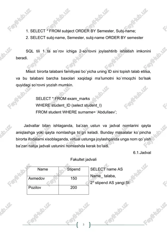 max() funksiyasining qo’llanilishi 3.zavoddagi korpuslar nomi alfavit bo`yicha tartiblansin va alfavitga teskari tartibda tartiblansin. korpus nomini alfavit bo`yicha tartiblash: so`rov: select * from korpus order by korpus _nomi; natija: 6.3–rasm. order by kalit so’zining qo’llanilishi 4. korpus nomini alfavitga teskari tartibda tartiblash: so`rov: select * from korpus order by korpus _nomi desc; natija: 6.4–rasm. order by kalit so’zining desc bilan qo‘llanilishi having parametri qator guruhlari uchun tanlov shartini belgilashga imkon beradi. u where parametriga o'xshaydi, lekin group by parametridan keyin aniqlanadi va birlashtirilgan qatorlarga qo'llaniladi. having parametrini tanlash shartida, so'rov bo'yicha ustunlar qiymatlarini, shu jumladan agregat funktsiyalarining qiymatlarini ishlatishingiz mumkin. guruxlar ichidan kerakli yozuvlarni ajratib olish uchun having ishlatiladi. having=where, faqat having guruxlar ichiga tegishli select subj_name, max(hour) from subject; group by subj_name having max(hour)>= 34; zavoddan bir kunlik olinadigan maxsulotlarning 5000 kgdan kam ishlab chiqarilganlari haqida ma`lumot berilsin: so’rov: select *from maxsulot having ogirligi_kg = 2; natija: 6.6 – …