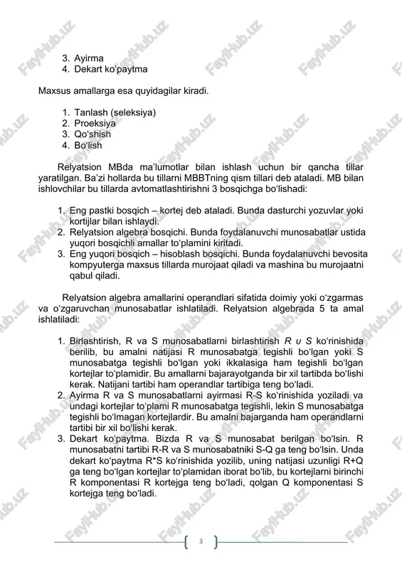 a tegishli, lekin s munosabatga tegishli bo‘lmagan kortejlardir. bu amalni bajarganda ham operandlarni tartibi bir xil bo‘lishi kerak. 3. dekart ko‘paytma. bizda r va s munosabat berilgan bo‘lsin. r munosabatni tartibi r-r va s munosabatniki s-q ga teng bo‘lsin. unda dekart ko‘paytma r*s ko‘rinishida yozilib, uning natijasi uzunligi r+q ga teng bo‘lgan kortejlar to‘plamidan iborat bo‘lib, bu kortejlarni birinchi r komponentasi r kortejga teng bo‘ladi, qolgan q komponentasi s kortejga teng bo‘ladi. 4. proeksiya, r munosabatga bu amal tadbiq etilganda, r munosabatdan ba’zi bir komponentalar olib tashlanadi. qolganlari esa qaytadan tartiblanadi. 5. seleksiya tanlash. bu amal bajarilganda operandlar sifatida munosabat atributlari ishtirok etadi va solishtirish arifmetik amallari: =, ≠, ≤, ≥, va mantiqiy amallar: va (u), yoki (v), not amallari ishlatiladi. munosabatlar ustida bajariladigan birlashtirish, kesishuv, ayiruv amallari operatorlarning tili yoki turi bo‘yicha mosligini talab etadi. ikkita munosabat tipi bo‘yicha mos keladi, agarda ularda ekvivalent munosabat sxemasi bo‘lib: · ulardagi …