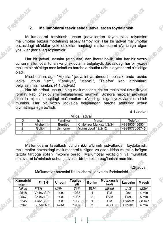 jadvalda ifodalanishi xizmatchi raqami f.i.sh unvoni tugilgan yili bo‘lim mutaxassis kodi lavozim maosh xraq fish unv tyil blm mkod lvz msh 2518 valiev s.p. t.f.n. 1985 1 pm dot. 4 mln 2567 soliev i.t. t.f.d. 1987 2 evm prof. 5 mln 3245 aliev s.i. t.f.n. 1988 1 pm il.xodim 2,8 mln 3267 buriev a.o. akad. 1982 3 asu prorek. 4 mln 4.2-jadvaldagi birinchi satr (qator) atribut nomlari, ikkinchi satr atributlarni qisqacha nomlari va uchinchi, to‘rtinchi va beshinchi satrlar esa atribut qiymatlaridir. o‘tgan mavzularda ko‘rib chiqilgan ierarxik, tarmoqli va boshqa ma’lumotlarni tasvirlash usullarini shunday ikki o‘lchamli jadvalga keltirish mumkin. bunday jadvallarni quyidagi xususiyatlari mavjud. · jadvalni har bir ma’lumot elementi maydon hisoblanadi va takrorlanuvchi guruhlar bo‘lmaydi; · barcha ustunlar bir jinslidir; · xar bir ustunga nom tayinlangan; · jadvalda bir xil satr ikki marta uchramaydi; · bunday jadvalda satr va ustunlar ixtiyoriy tartibda qaraladi va ixtiyoriy ketma-ketlikda ishlatilishi mumkin. bunday xususiyatlarga …
