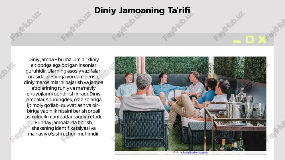 , shuningdek, ruhiy salomatlikka ta'sir ko'rsatadi. ijtimoiy va shaxsiy jihatlar diniy jamoalar, insonlarning ijtimoiy munosabatlarini kuchaytiradi va shaxsiy psixologik holatiga ijobiy yoki salbiy ta'sir ko'rsatadi. bu jamoalar orqali odamlar o'zlarini qabul qilingan his qilishadi. bog'lanishlar diniy jamoalar va inson psixologiyasi o'rtasidagi bog'lanishlar, ruhiy salomatlik, identifikatsiya va ijtimoiy qo'llab-quvvatlash kabi jihatlarni o'z ichiga oladi. psixologik ta'sirni o'rganish, insonlarning diniy jamoalardagi hayoti va ularning psixologik holatini yaxshiroq tushunishga yordam beradi. 01 02 03 diniy jamoalarning psixologik ta'siriga misollar diniy jamoalarning psixologik ta'sirini ko'rsatadigan misollar quyidagilar: 1. ijtimoiy qo'llab-quvvatlash, 2. ruhiy salomatlikni yaxshilash, 3. yolg'izlikni kamaytirish. har bir misol o'zining konteksti va natijalari bilan taqdim etiladi. ijtimoiy qo'llab-quvvatlash diniy jamoalar a'zolariga ijtimoiy qo'llab-quvvatlashni taqdim etadi. masalan, jamoadoshlar o'zaro yordam ko'rsatish orqali, ruhiy muammolarni yengishga yordam berishadi. bu, a'zolarni stress va depressiyadan qutqarishda muhim rol o'ynaydi. ruhiy salomatlikni yaxshilash diniy jamoalar, meditativ va ibodat amaliyotlari orqali stressni kamaytiradi. bunday amaliyotlar, ruhiy salomatlikni yaxshilashga olib …