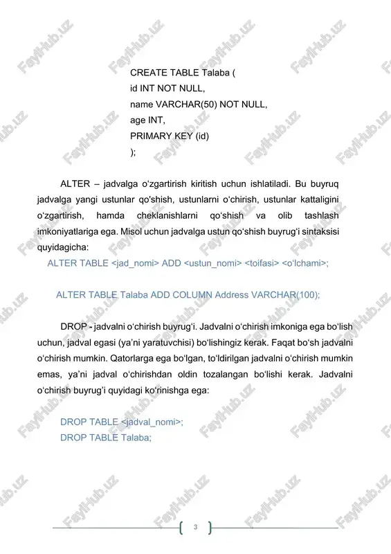 abase foydali_qazilma_boyitish_zavodi; 3.2-rasm. yangi foydali_qazilma_boyitish_zavodi nomli bazasining yaratilishi. so‘rov: create table oltin_rudasi (id int, konsentratsiyasi double, qazib_olingan_koni varchar(20) ); natija: 3.3-rasm. oltin_rudasi nomli jadval yaratilishi. 4. jadvalni ko‘ramiz: so‘rov: desc oltin_rudasi; natija: 3.4-rasm. yaratilgan oltin_rudasi jadvalini ko‘rinishi. 5. jadvalga yangi sanasi nomli satr qo‘shamiz: so‘rov: alter table oltin_rudasi add sanasi varchar(10); natija: 3.5-rasm. oltin_rudasi jadvaliga alter operatori orqali ustun qo‘shilishi. 6. sanasi nomli satrning o‘lchamini o‘zgartiramiz: so‘rov: alter table oltin_rudasi modify sanasi varchar(30); natija: 3.6-rasm. oltin_rudasi jadvalida alter operatori orqali mavjud ustun toifasi o‘zgartirilishi. 7. konsentratsiyasi atributini ulushi nomi bilan o‘zgartiramiz: so‘rov: alter table oltin_rudasi change konsentratsiyasi ulushi double; natija: 3.7-rasm. oltin_rudasi jadvalida alter operatori orqali mavjud ustun nomini o‘zgartirish. nazorat savollari 1. create buyrug‘ining vazifalari nimalardan iborat? 2. alter buyrug ‘iga misol keltiring. 3. drop va delete buyruqlarining farqi nimada? 4. delete buyrug‘ining strukturasini ko‘rsating. adabiyotlar ro‘yhati 1. t.a.xo'jakulov. ma'lumotlar bazasi. darslik. t.:tatu, 2022. - 260 b. 2. t.a.xujakulov. …