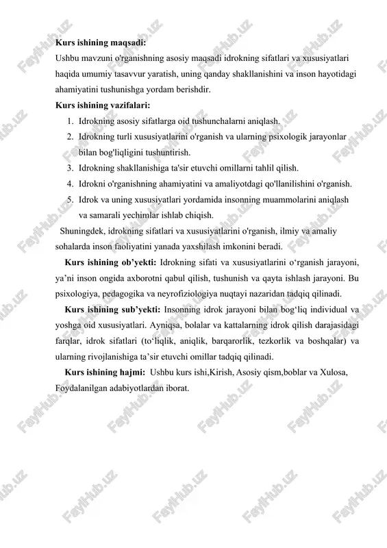 digan ob’ektlar, vaziyatlar, hodisalarning yaxlit aksi. oldingi bobda biz hissiyotni ko’rib chiqdik. ushbu jarayonning mohiyati, shuningdek, mavjud dunyoni aks ettirishdir. "sezgi" va "idrok" tushunchalari bir-biri bilan bog’liq, ammo ular orasida tub farqlar mavjud. sezgilar haqida gapirganda, ularning mazmuni aks ettirishning elementar shakllaridan tashqariga chiqmasligini va sezgi jarayonlarining mohiyati atrofimizdagi dunyo ob’ektlari va hodisalarining faqat individual xususiyatlarini aks ettirishdan iboratligini ta’kidladik. biroq, tashqi dunyoni aks ettirishning haqiqiy jarayonlari elementar shakllardan ancha yuqori. inson izolyatsiya qilingan yorug’lik yoki rang dog’lari, tovushlar yoki teginishlar dunyosida yashamaydi, u narsalar, predmetlar va shakllar dunyosida, qiyin vaziyatlar dunyosida yashaydi. biror kishi nimani sezmasin, har doim uning oldida yaxlit tasvirlar shaklida paydo bo’ladi. ushbu tasvirlarning aksi izolyatsiya qilingan hissiyotlardan tashqariga chiqadi. sezgi organlarining birgalikdagi ishiga asoslanib, individual sezgilar murakkab kompleks tizimlarga sintez qilinadi. ushbu sintez bitta modallik doirasida ham sodir bo’lishi mumkin (masalan, biz filmni tomosha qilayotganimizda, individual vizual sezgilar butun tasvirlarga birlashadi) va bir nechta usullar …