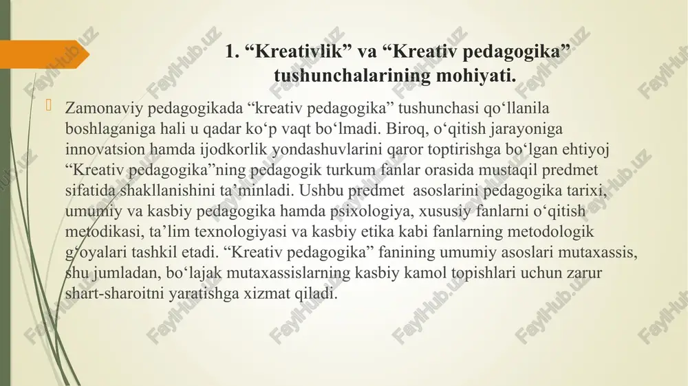 rini fan asoslarini o‘zlashtirishga jalb etish; o‘qituvchilarga talabalarda kreativ fikrlash va ijodiy faoliyat natijalarini rag‘batlantirishga xizmat qiladigan strategiya va vositalarni tavsiya etish qilish orqali auditoriyada ulardan samarali foydalanishlari uchun imkoniyat yaratish. 3. kreativ pedagogikaning asosiy kategoriyalari. har qanday fan singari “kreativ pedagogika” fani ham o‘zining tarkibiy tuzilmasiga ega. ushbu fan quyidagi tarkibiy tuzilmaga ega: kreativ ta’lim asoslari: maqsadi. vazifalari, ob’ekti, predmeti, sub’ektlari, mazmuni, metodologiyasi, shakllari, metodlari, vositalari, metodikasi va texnologiyalari; malakali karlarni tayyorlash va ular tomonidan kasbiy faoliyatni tashkil etish jarayonida yosh xususiyatlarini inobatga olgan holda kreativ shaxsni shakllantirish bosqichlari kreativ pedagogikaning umumiy mohiyati uning konpepsual holatlarini ifodalovchi bir qator tushunchalar asosida ochib beriladi. ular quyidagilardan iborat: ijodkorlik – muayyan yangilikning ahamiyati va foydali ekanligini belgilovchi shaxs faoliyati va uning natijasi ijodkor shaxs – ijodiy jarayonni muvaffaqiyatli amalga oshira oladigan hamda aniq ijodiy natija (mahsulot)larga ega shaxs kreativ shaxs – jarayon yoki natija sifatida ijodkorlikni namoyon etuvchi, masalalarni yechishga nostandamoyil, …