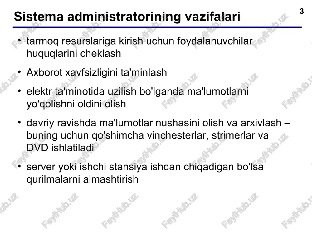 hish bayonnoma(protokol) – bu tarmoqda ma'lumotlar almashi tartibini aniqlovchi kelishuv va qoidalar to'plamidir. internetga ulangan tarmoqlarda –tcp/ip (transmission control protocol / internet protocol) protokolidan foydalaniladi paketlarga bo'lish (1,5 kbgacha): kontrolnaya summa: ma'lumotlar bo'yicha maxsus algoritm yordamida hisoblanadi. crc = cyclic redundancy check qabul qiluvchi manzili jo'natuvchi manzili paket uzunligi ma'lumotlar kontrolnaya summa * * tarmoqda ishlatiladigan qurilmalar tarmoq kartalari (setevie adapteri) tarmoq kabellari koaksial «to'qilgan juftlik» optik tolali izolyasiya o'tkazuvchi (mis) o'tkazuvchi qobiq (shisha) qobiq (plastik) asosiy tola (shisha) * * tarmoqda ishlatiladigan qurilmalar xablar (konsentratorlar) – olingan ma'lumotni barcha portlarga jo'natadi. svitchlar (kommutatorlar) – olingan ma'lumotni faqat kerakli manzilga jo'natadi. * * tarmoqlar orasidagi aloqalar most (bridge) ikkita maxalliy tarmoqni birlashtiradi. svitch kabi ishlaydi, lekin o'zining prosessori bor. most marshrutizator (router) paketlarni maxsus qoidalar – marshrutlashtirish jadvallari bo'yicha jo'natadi (maxalliy tarmoqdan internetga). qisqa yo'lni aniqlash, uzilgan joylarni aylanib o'tish. variant: ikkita tarmoq kartalari bor kompyuter. … yoki kompyuter * …