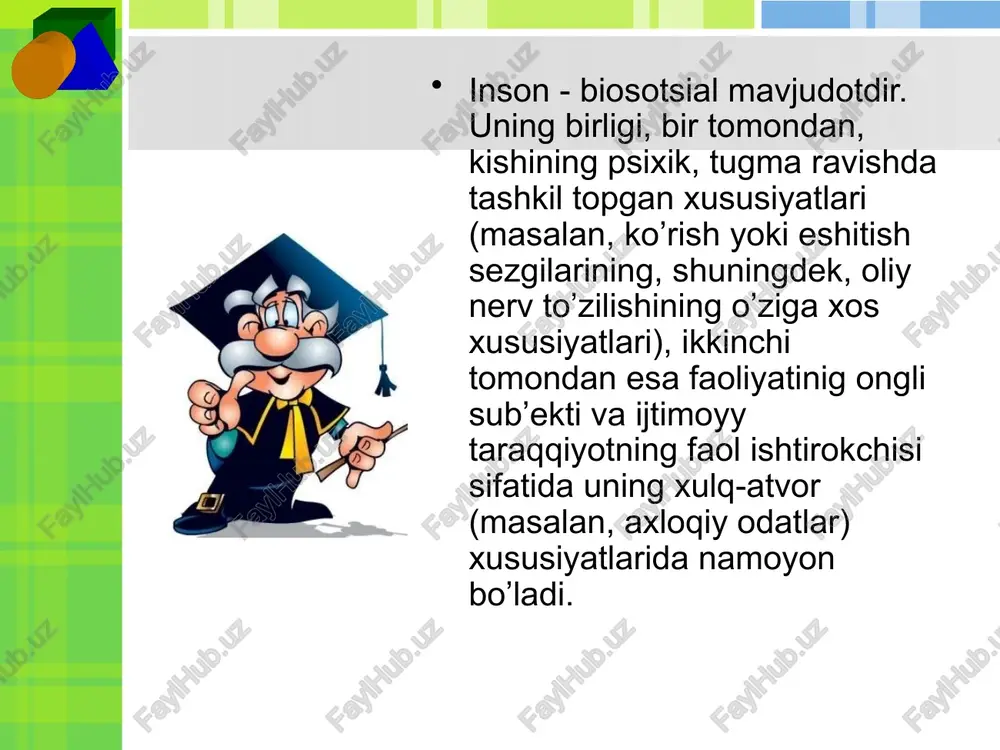rakterda bo’ladi. u yoki bu psixik xususiyatlar va sifatlarning rivojlanishi uchun eng qulay sharoitlar bo’lgan ana shunday yosh davrlari senzitiv davrlar deb ataladi. (l.s.vigotskiy, a.n.leont’ev). bunday senzitivaik davrining mavjudligiga miyaning organikjihatdan etilgan qonuniyati ham, ayrim psixik jarayonlar va xususiyatlar ham, hayotiy tajriba ham sabab bo’ladi. psixik rivojlanish sharoitlari va uni xarakatga keltiruvchi kuchlar odamning psixik xsusiyatlari uning xayoti davomida, ya'ni ontogenetik tarzda yuzaga keladi; bu xsusiyatlarni tarkib topishi va rivojlanishida odamning ijtimoiy tajribasi tashabbusi uning xayot iva faoliyati sharoitlari, ta'lim va tarbiya etakchi, xal qiluvchi rol uynaydi, - deb urgatadi. muxit (keng ma'noda olganda), ma'lum maqsadga qaratilgan ta'lim va tarbiya azaldan berilgan, genetik jixatdan kattiy bulgilangan nimanidir namoyon qilish uchun sharoyitgina bulib kolmay, balki inson psixik xsusiyatlarini tarkib toptiradi. shuni aloxida kayd qilib o`tishimiz lozimki, «jamiyat talablariga javob beradigan muayyan shaxsiy sifatlarni tarkib toptirish maqsadida katta avlodning yosh avlodga ongli, maqsadga muvofiq ta'sir ko`rsatish protsessii» sifatida ta'lim va tarbiya xal …