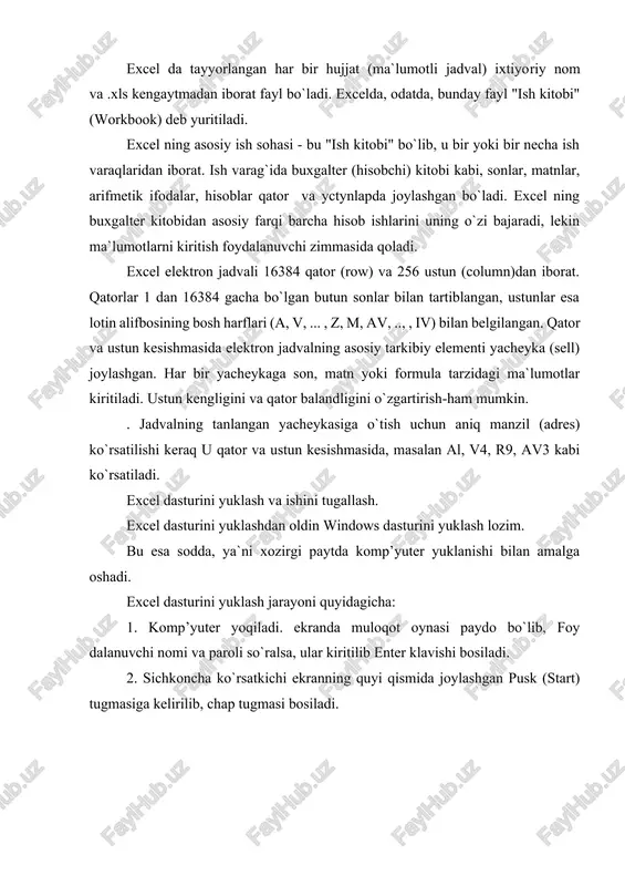 m). e s l a t m a. windows 3.1 da excel 5.0 versiyasini yuklash yuqoridagidan farqli o`laroq, microsoft office dasturida excel piktogrammasi ustida "sichqoncha" tugmasini ikki marta bosish orqali amalga oshiriladi. 6.2 excel menyu bandlari , funksiya va diagrammalar bilan ishlash excel menyu bandlari tavsifi excel menyusida quyidagi bandlar mavjud: fayl, pravka, vid, vstavka, format, servis, danno`e, okno va spravka 4-rasm 5-rasm 6-rasm fayl bo`limi (4-rasm) yangi jadvalni tashkil etish;xotiradagi jadvalni ochish;jadvalni yopish; jadvalni xotiraga kiritish; faylga yangi nom berish; faylni moslashtirib saqlash; ishchi sohasini saqlash; sahifa parametrlari; chop qilish sohasini berish; jadvalni dastlabki kuzatish; jadvalni chop etish; faylni kerakli manzilga uzatish; jadvalning xossalari; fayllar majmuasi; chiqish; demak, fayl bo`limida yuqoridagi kabi amallarni bajarish mumkii bo`lib, qayd etilgan vazifalar misrosoft office guruhddagi das turlar uchun umumiydir. qo`shimcha soxranit rabochuyu oblast... ishlatilayotgan dasturii ekran uchun joriy dasturga aylantiradi. oblast pechati dasturni belgilaigan nomiii chop etadi. pravka bo`limi (5-rasm) pravka bo`limida …