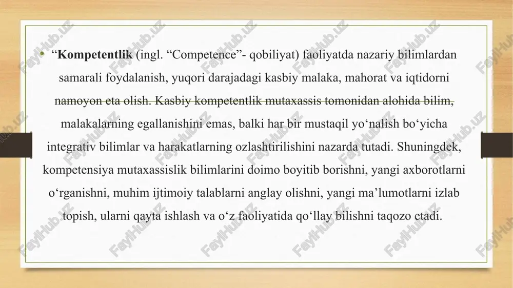 lgari surish, ularni amaliyotga muvaffaqiyatli tatbiq etish; f) kommunikativ kompetentlik - jarayonning barcha ishtirokchilari, jumladan, talabalar bilan samimiy muloqotda bo‘lish, ularni tinglay bilish, ularga ijobiy ta’sir ko‘rsata olish; g) shaxsiy kompetentlik - izchil ravishda kasbiy o‘sishga erishish, malaka darajasini oshirib borish, kasbiy faoliyatda o‘z ichki imkoniyatlarini namoyon qilish; h) texnologik kompetentlik - kasbiy-pedagogik bilim, ko‘nikma va malakalarini boyitadigan ilg‘or texnologiyalarni ozlashtirish, zamonaviy vosita, texnika va texnologiyalardan foydalana olish; i) ekstremal kompetentlik - favqulotda vaziyatlar (tabiiy ofatlar, texnologik jarayon ishdan chiqqan)da, pedagogik nizolar yuzaga kelganda oqilona qaror qabul qilish, to‘gri harakatlanish malakasiga egalik. har bir pedagog o‘z kasbiy kompetentligiga ega bo‘ladi. bu orqali u pedagogik jarayonda ishtirok etadi. bu jarayonning faol ishtirokchisiga aylanish uchun esa yuqoridagi sifatlarni o‘zida aks ettirishi lozim. kasbiy kompetentlikning barcha sifatlarini to‘la-to‘kis o‘zida mujassam etgan pedagog ularni amaliyotda qo‘llash jarayonini ham bexato yo‘lga qo‘yishi lozim. qachonki o‘z bilimlarini ta'lim oluvchiga kasbiy kompetentligini qo‘llagan holdagina yetkazib bersa,bu pedagogni …