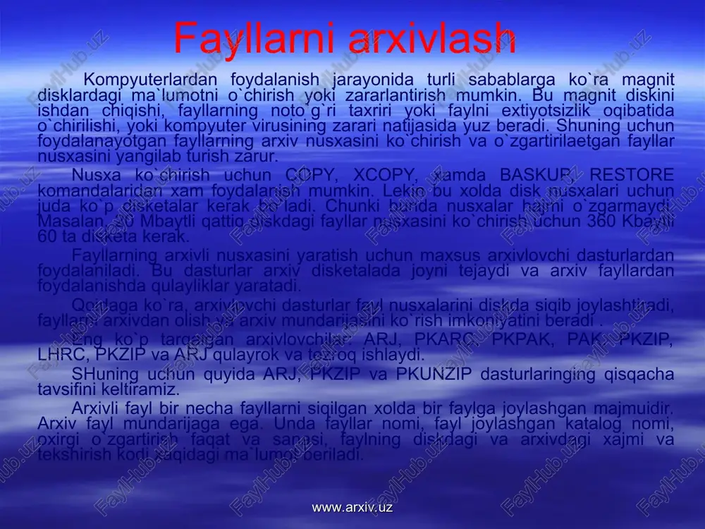 larni ochish va d diskning bosh katalogiga joylash, agar diskdagi nomi bir hil fayllar bo`lsa ogoxlantirishsiz o`chiriladi. www.arxiv.uz www.arxiv.uz virus va uning turlari. hozirgi kunda komp’yuter viruslari g’arazli maqsadlarda ishlatiluvchi turli xil dasturlarni olib kelib tatbiq etishda eng samarali vositalardan biri hisoblanadi. komp’yuter viruslarini dasturli viruslar deb atash to’g’riroq bo’ladi. avtonom ravishda ishlash, boshqa dastur tarkibiga o’z-o’zidan qo’shiluvchi, ishga qodir va komp’yuter tarmoqlari va alohida komp’yuterlarda o’z-o’zidan tarqalish xususiyatiga ega bo’lgan dasturga dasturli virus deyiladi. viruslar bilan zararlangan dasturlar virus tashuvchi yoki zararlangan dasturlar deyiladi. zararlangan disk – bu ishga tushirish sektorida virus dastur joylashib olgan diskdir. hozirgi vaqtda 65000 dan ko’p bo’lgan virus dasturlari borligi aniqlangan. bu viruslarning katta guruhini komp’yuterning ish bajarish tartibini buzmaydigan, ya`ni “ta`sirchan bo’lmagan” viruslar guruhi tashkil etadi. viruslarning boshqa guruhiga komp’yuterning ish tartibini buzuvchi viruslar kiradi. viruslarning ta`siri bo’yicha tasnifi 1-rasmda keltirilgan. bu kabi viruslar odatda professional dasturchilar tomonidan tuziladi. www.arxiv.uz www.arxiv.uz www.arxiv.uz virus …