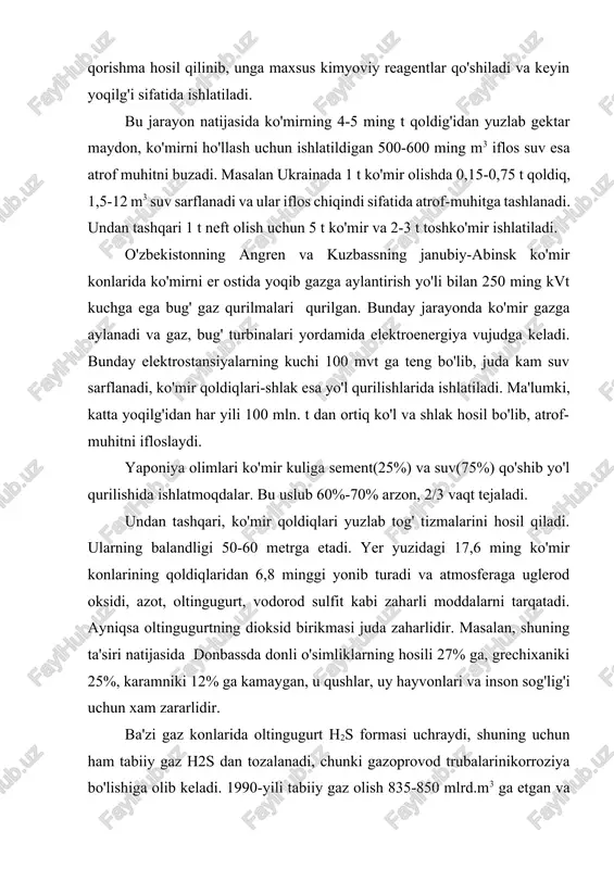 urt h2s formasi uchraydi, shuning uchun ham tabiiy gaz h2s dan tozalanadi, chunki gazoprovod trubalarinikorroziya bo'lishiga olib keladi. 1990-yili tabiiy gaz olish 835-850 mlrd.m3 ga etgan va 250000 km keladigan umumiy gazoprovod tarmog'i tuzilgan. hozirgi kunda 230-250 mln. aholi gazdan foydalanadi. gazdan foydalanish o'zbekistonning qishloq va shaharlarida yaxshi yo'lga qo'yilgan. ko'p elektrostansiyalar neft qazib olishdan chiqayotgan gaz xisobiga ishlamoqda. bundaylardan 1987-yili ishga tushgan surgut gres-2 ning kuchi 800 ming kvt ga teng. 1990-yilning oxirigacha neft bilan chiqayotgan gazdan foydalanishni 90%ga etkazilgan. “tatneftegaz” kollektivi neftli gazdan foydalanishni 95,5%ga etkaziladi. undan tashqari qarg'ada havzasidagi 12 ta shaxtadan bir sistema tuzilsa, har yili 168 mln. m3 gaz omboriga yig'iladi, 200 ming tsh.yo. energiya tejaladi va umumiy tuzilgan sistema uchun tuzilgan sistema uchun ketgan xarajat 1,5-2 yilda qoplashi rejalashtirilgan edi. mgd-magnitogidrodinamik elektrostansiya. hozirgi vaqtdagi elektr toki asosan organik moddalardan kelib chiqadigan issiqlik hisobiga (ko'mir, neft, gaz) hosil bo'ladi. hattoki eng takomillashgan gyeskpd lar ham …