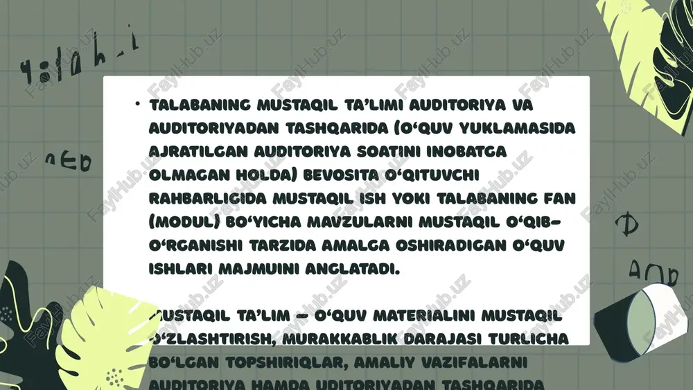 boratoriya ishlariga tayyorgarlik ko‘rish; 8) ilmiy-uslubiy maqola, anjumanga ma’ruza tezislarini bajarish; 9) nazariy bilimlarni amaliyotga qo‘llash; 10) mavzular bo‘yicha tarqatmalar tayyorlash: savol kartochkalari, muammoli savol kartochklari, test tarqatmalari, boshqotirmalar, krassvord, skanvord, didaktik o‘yinlar va b.; 11) glossariylar tuzish; 12) mavzularning elektron versiyalarini yaratish; 13) keys, nostandart testlar, mavzular bo‘yicha assesmentlar tayyorlash; 14) chet el adabiyotlaridagi mavzuga doir materiallarni tarjima qilish, loyihalar yaratish. e‘tiboringiz uchun raxmat! image9.png image10.svg image1.png image2.svg image3.png image4.svg image5.png image6.svg image7.png image8.svg image11.png image18.png image19.svg image20.png image21.svg image22.png image23.svg image24.png image25.svg image12.png image13.svg image14.png image15.svg image16.png image17.svg image26.png image27.png image28.svg image29.png image30.svg image31.png image32.svg image33.png image34.svg image35.png image36.svg image37.png image38.svg image43.png image44.svg image39.png image40.svg image41.png image42.svg image45.png image46.svg image47.png image48.svg image49.png image50.svg /docprops/thumbnail.jpeg