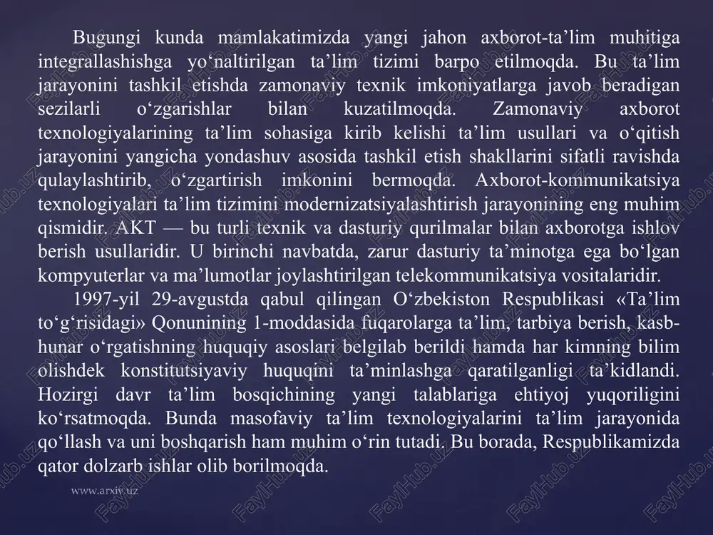 ratsiyalarda bo‘linmalar mavjud bo‘lib, ularning vazifasi xizmatchilar uchun elektron kurslar tashkil etishdir. masofaviy ta’lim texnologiyalari — masofaviy ta’lim bu e-learningga qaraganda kengroq tushunchadir, u interfaol mustaqil ta’limning va qo‘llab-quvvatlashning intensiv maslahat sintezi hisoblanadi. shunday qilib, elektron ta’lim masofaviy ta’limning bir bo‘lagi hisoblanadi. masofaviy ta’lim asosiy o‘quv materialini o‘quvchilarga yetkazib berish va o‘quv jarayonida o‘quvchi va o‘qituvchi orasida interfaol ishlashni ta’minlaydi. bunda qo‘llanmalarni yetkazib berish kompyuter va internetsiz ham amalga oshirilishi mumkin. masofaviy ta’limning afzalliklari masofaviy texnologiyalardan foydalangan holda o‘qitishning juda ko‘p ijobiy tomonlari mavjud. yashash joyidan turib, o‘qish imkoniyati — chekka qishloqlarda yashovchilarda katta shaharlarga borib, universitetga kirib-o‘qish imkoniyati har doim ham bo‘lavermaydi. masofaviy ta’lim texnologiyalari ularga o‘z shahridan ketmasdan turib, o‘qish imkoniyatini yaratib beradi. o‘qish va ishni birga qo‘shib olib borish — o‘quvchilar ishdan ajralmagan holda ta’lim olish imkoniga ega bo‘ladilar, bu, ayniqsa, malaka oshirish yoki ikkinchi oliy ma’lumot oluvchilarga juda qo‘l keladi. sifatli texnologiyalar va o‘quv mazmunini egallash …