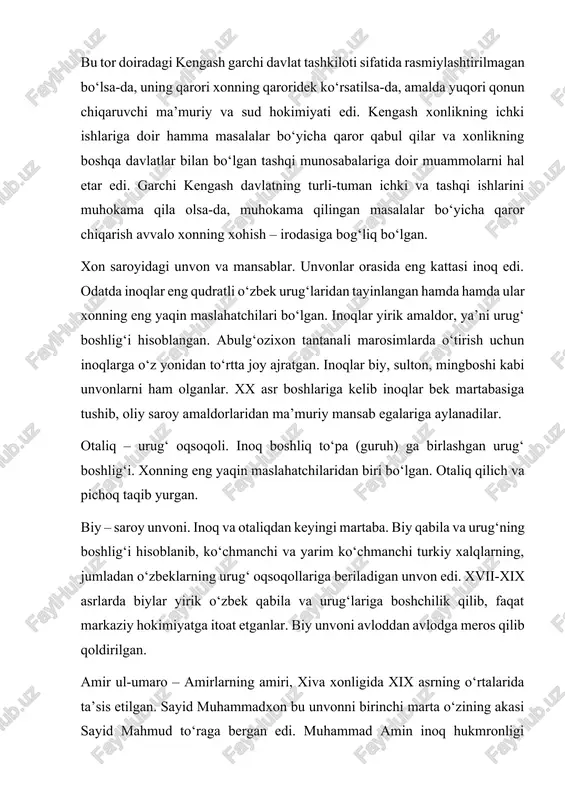 uning akasi fozilbiy edi. o‘shandan keyin amir ul-umaro unvoni hech kimga berilmagan. xiva xoni saroyida yana quyidagi unvon, mansab va vazifalar mavjud bo‘lgan: oftobachi, buxchabardor, soatbardor, kitobdor, mo‘zabardor (xon poyabzalini beruvchi), sharbatdor, mahram boshi (yuqori lavozim hisoblangan), to‘shakchi, karnaychi, surnaychi, jarchi, oshmehtar (xon va saroy oshxonasi boshlig‘i), sorbon (tuyachilar), kamon xalfa (ovchi, qushchi), merganlar, sayis (ot boquvchi), ko‘mirchi, kuchanchi (egar-jabduqchi), tamakisoz, loykash, kulol, xodimchi, ro‘molchi, selobchi (jom ushlab turuvchi), poyaki (chilimchi), aravachi, noschi, qilichkor (qilich va shamshir yasovchi), oshpaz, tovoqchi, darakchi (otchopar), jirchi (ashulachi), yo‘nuvchi (duradgor), devon (mirza), mushrif (ozuqa yig‘uvchi), bojbon (zakotchi) va boshq. ularning barchasi saroy xazinasidan maosh olganliklari haqida ma’lumotlar bor. saroydagi umumiy tartibni arbob nazorat qilgan. xonlikdagi harbiy unvonlar va mansablar. davlatdagi eng oliy harbiy amaldor xonning o‘zi edi. ko‘p hollarda shaxsan xon boshchiligida, ayrim hollarda taniqli sarkardalar boshchiligida boshqa hududarga yurishlar uyushtirilgan. eng yuqori harbiy-ma’muriy lavozim amir ul-umaro edi. undan keyingi rasmiy ravishda yuqori sarkarda …